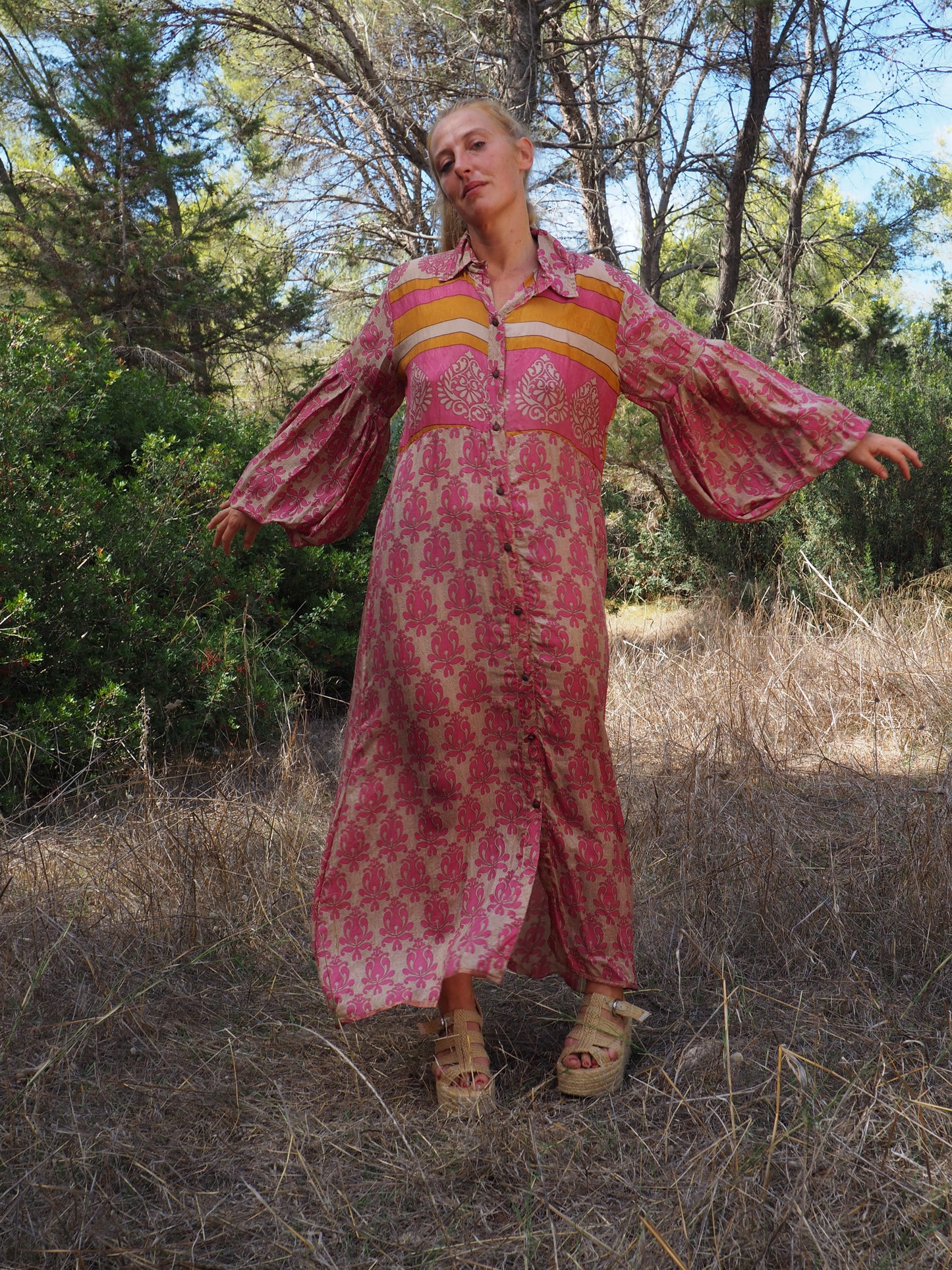 The Llenya dress Vintage Indian sari dress with oversized sleeves up-cycled by Vagabond Ibiza