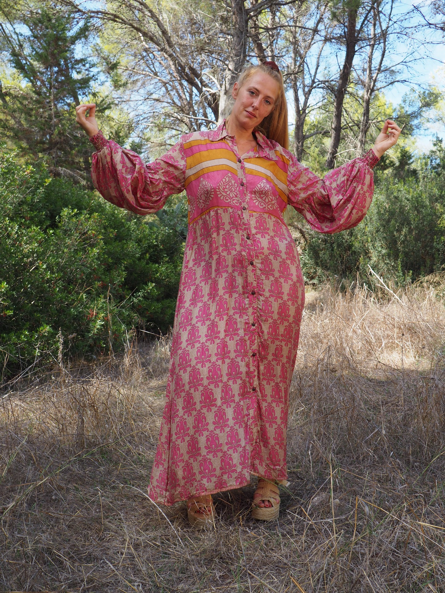 The Llenya dress Vintage Indian sari dress with oversized sleeves up-cycled by Vagabond Ibiza