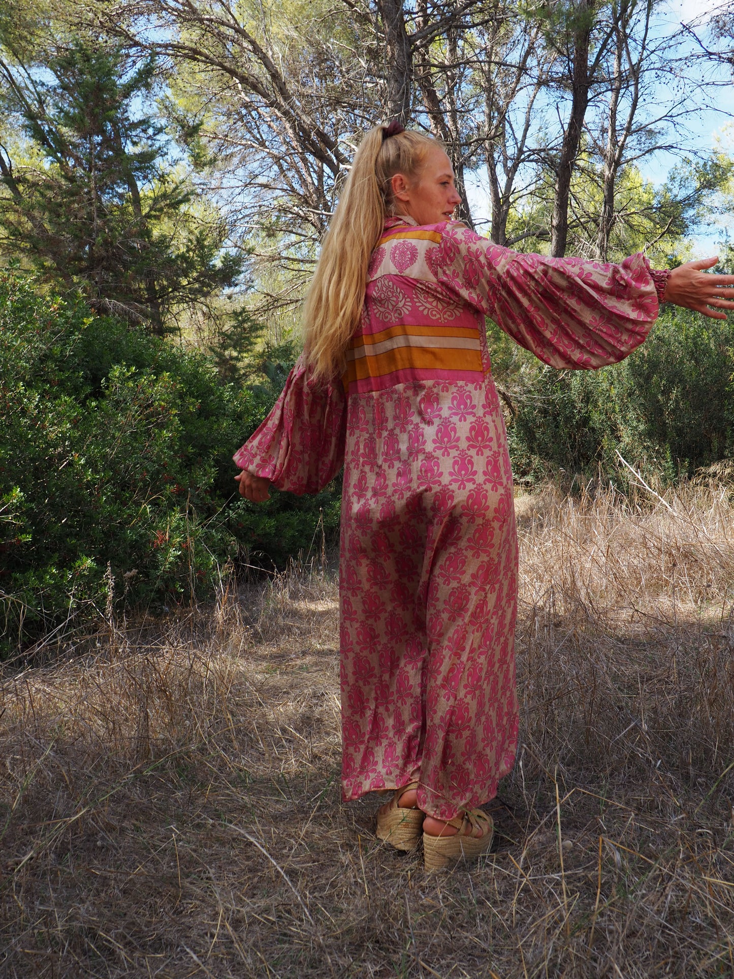 The Llenya dress Vintage Indian sari dress with oversized sleeves up-cycled by Vagabond Ibiza