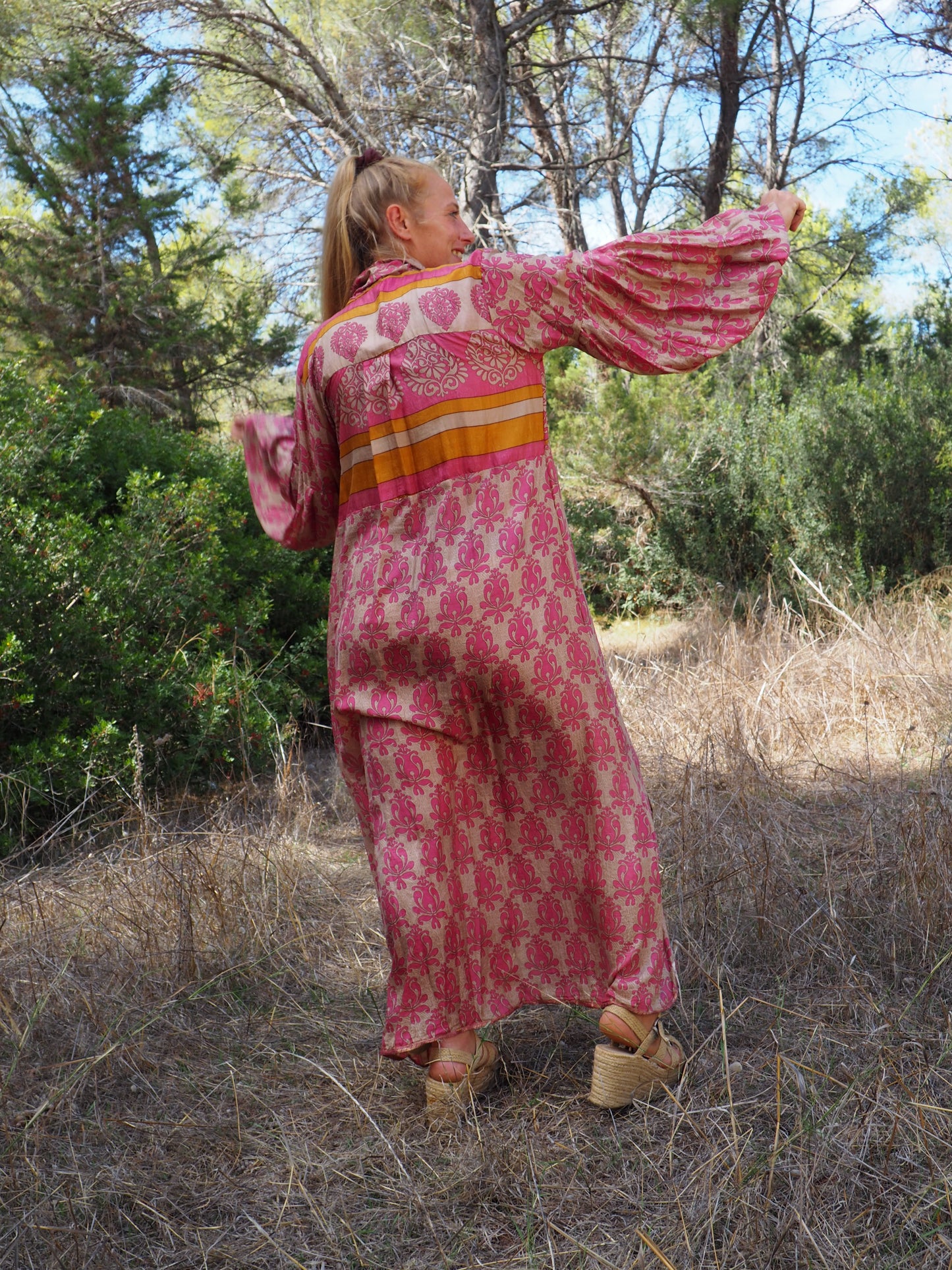 The Llenya dress Vintage Indian sari dress with oversized sleeves up-cycled by Vagabond Ibiza