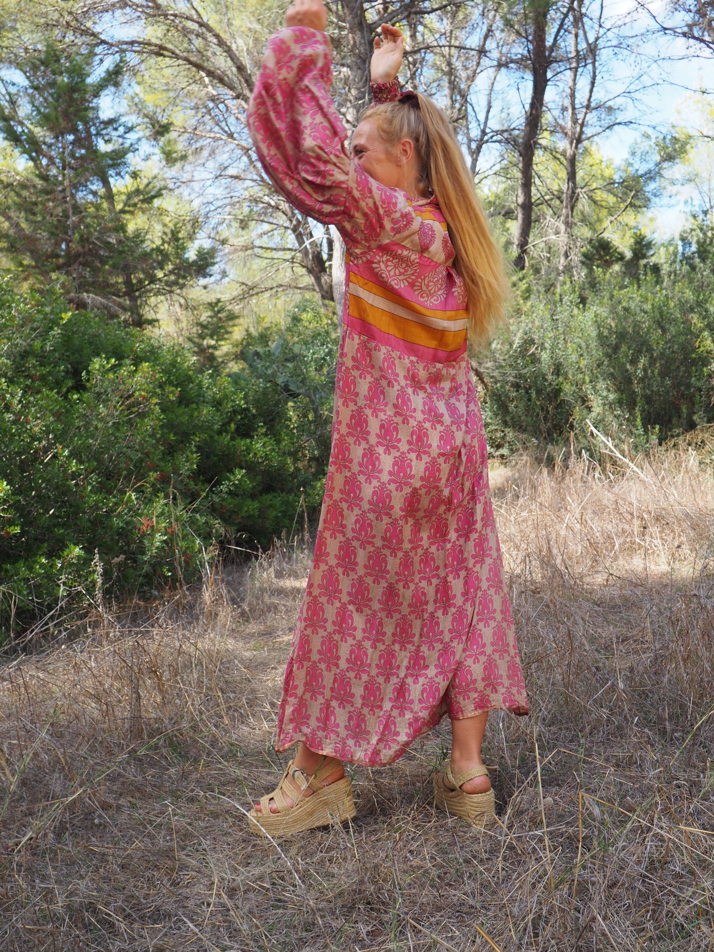 The Llenya dress Vintage Indian sari dress with oversized sleeves up-cycled by Vagabond Ibiza