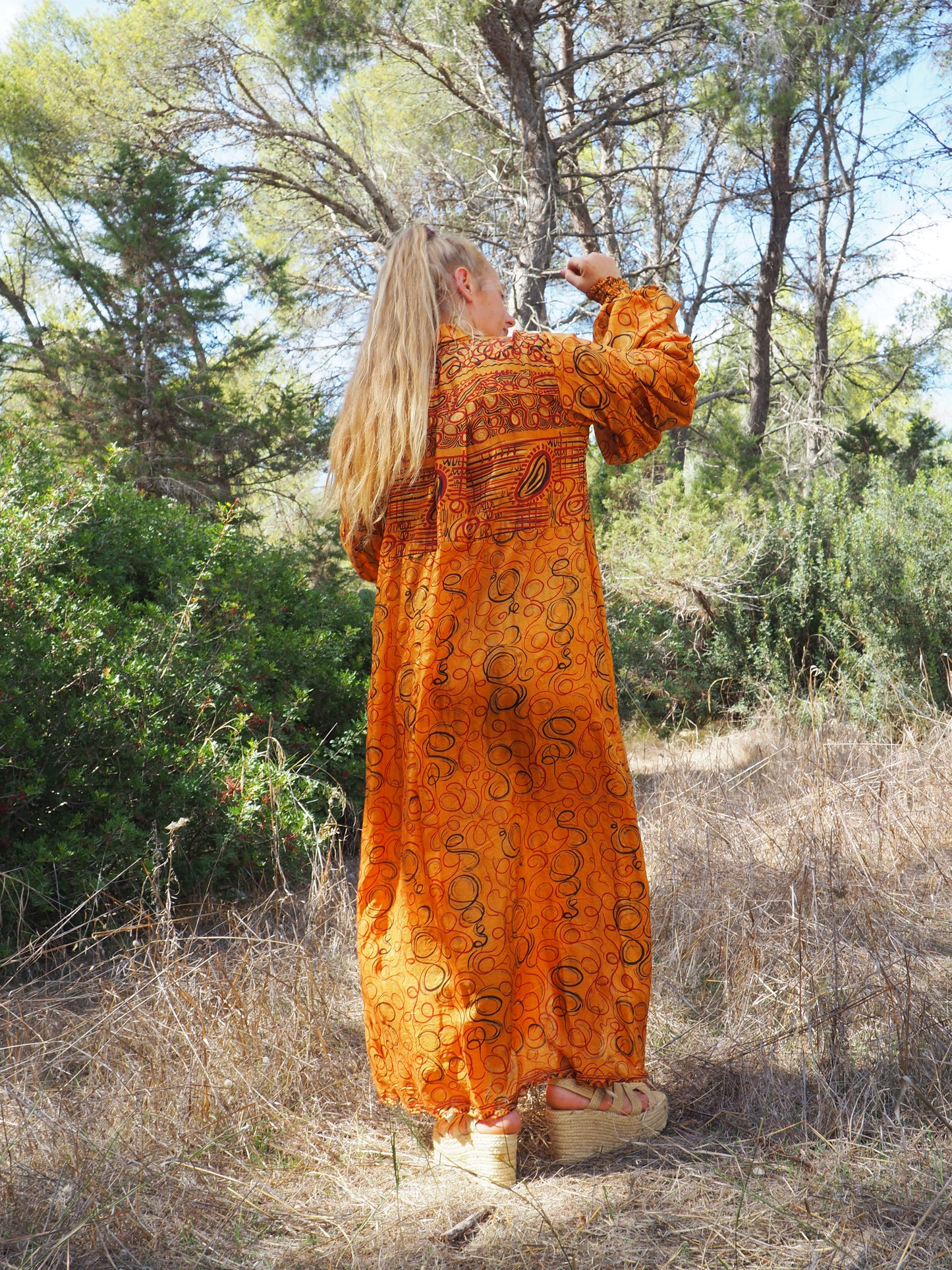 Vintage Indian sari dress with oversized sleeves up-cycled by Vagabond Ibiza