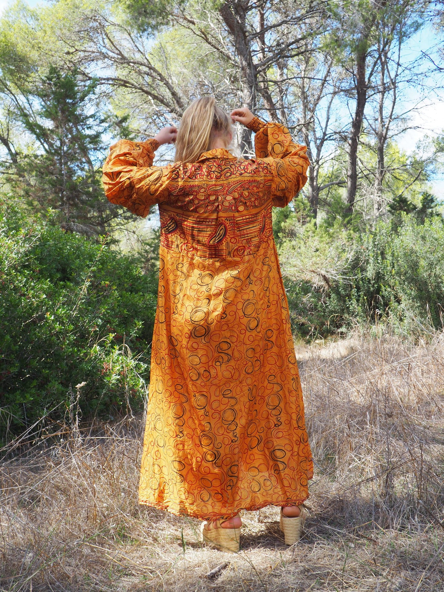 Vintage Indian sari dress with oversized sleeves up-cycled by Vagabond Ibiza