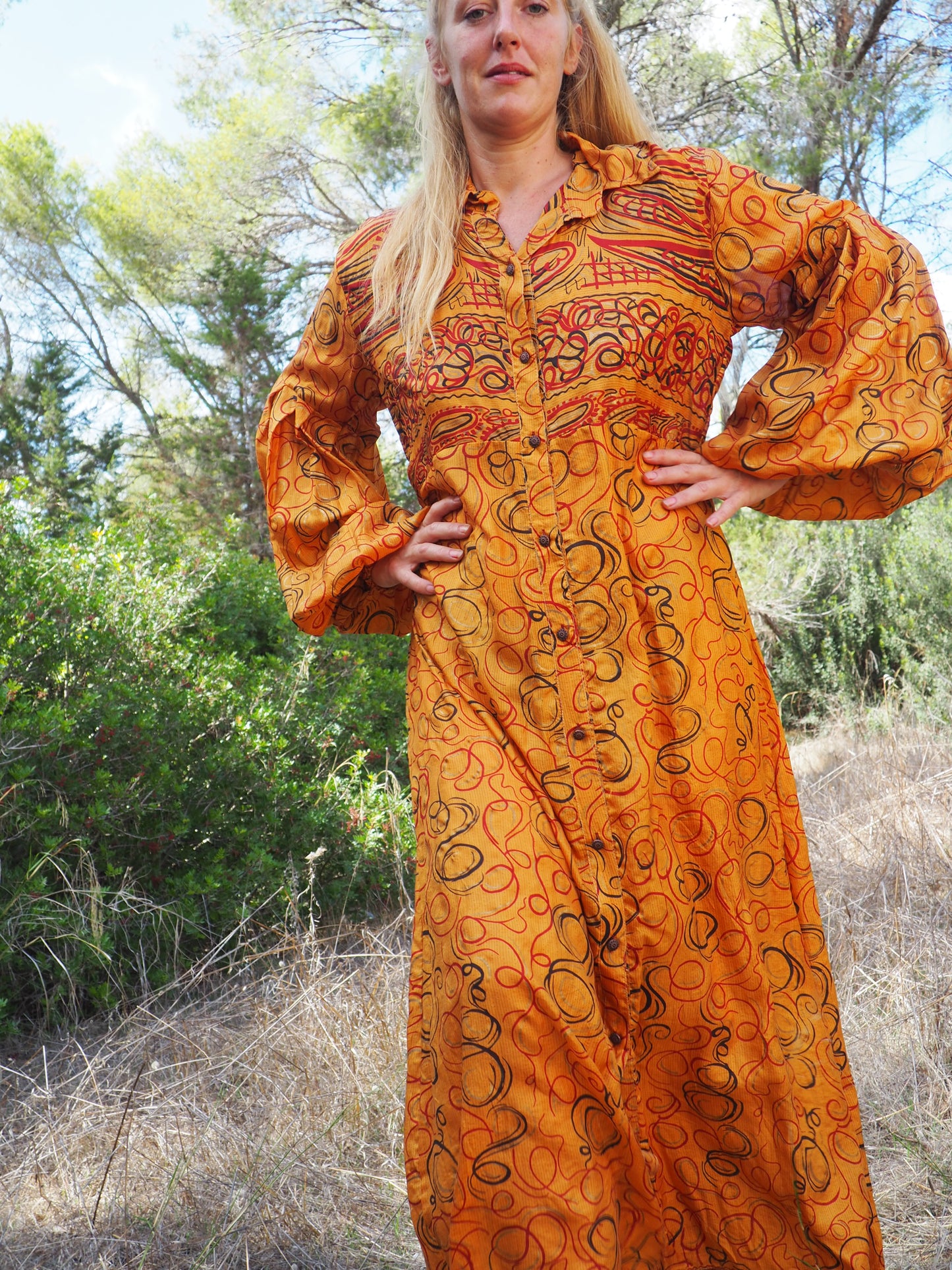 Vintage Indian sari dress with oversized sleeves up-cycled by Vagabond Ibiza