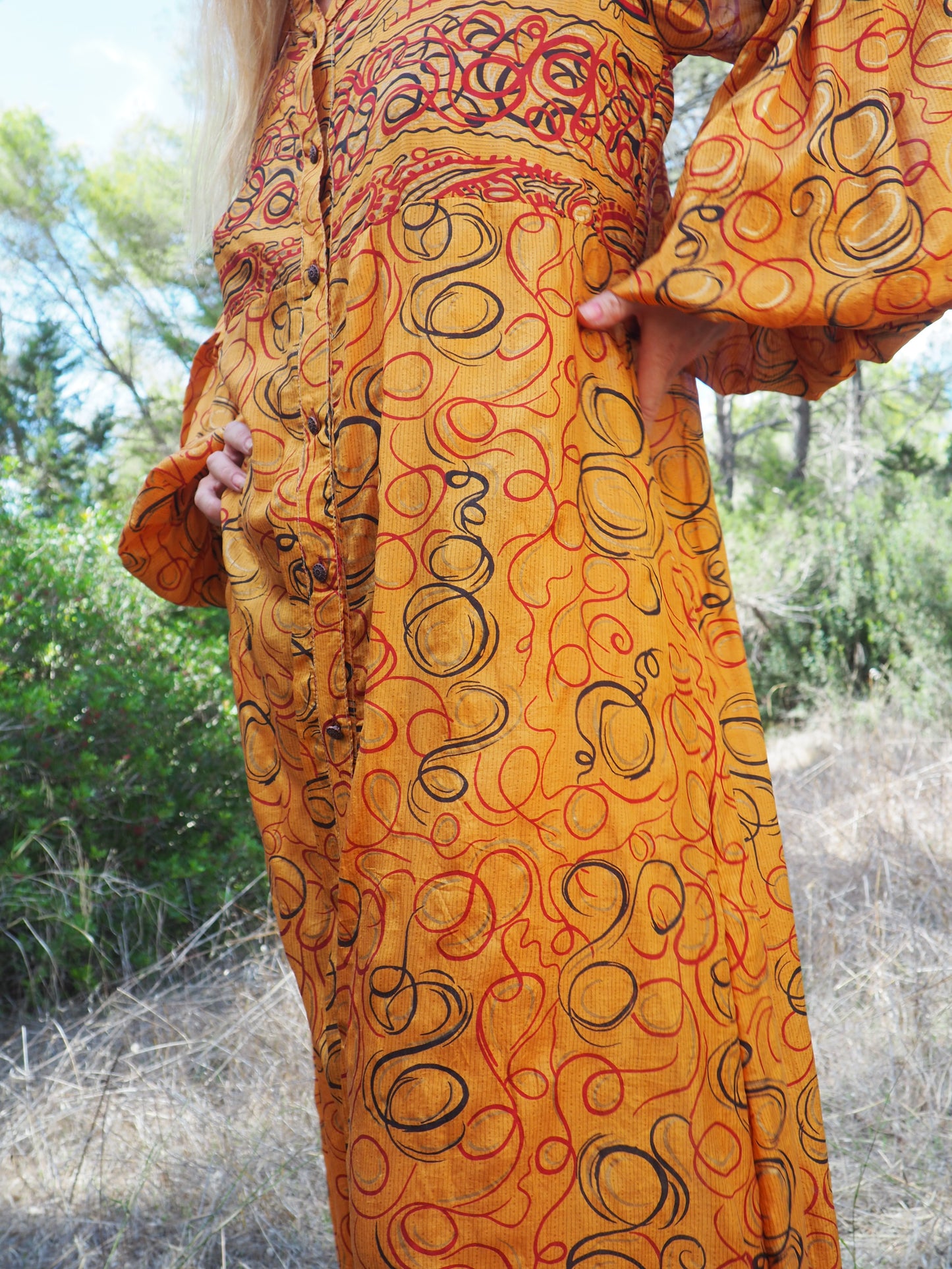 Vintage Indian sari dress with oversized sleeves up-cycled by Vagabond Ibiza