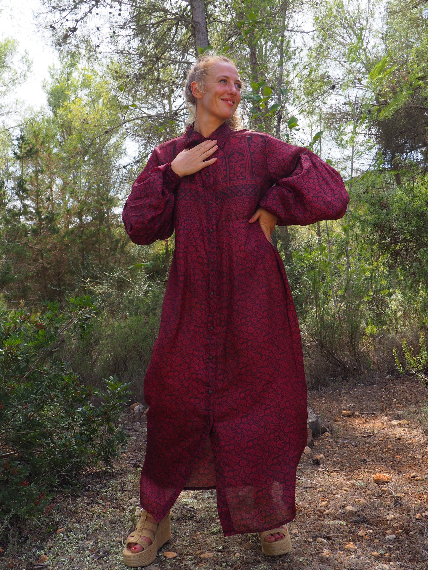 Vintage Indian sari dress with oversized sleeves up-cycled by Vagabond Ibiza