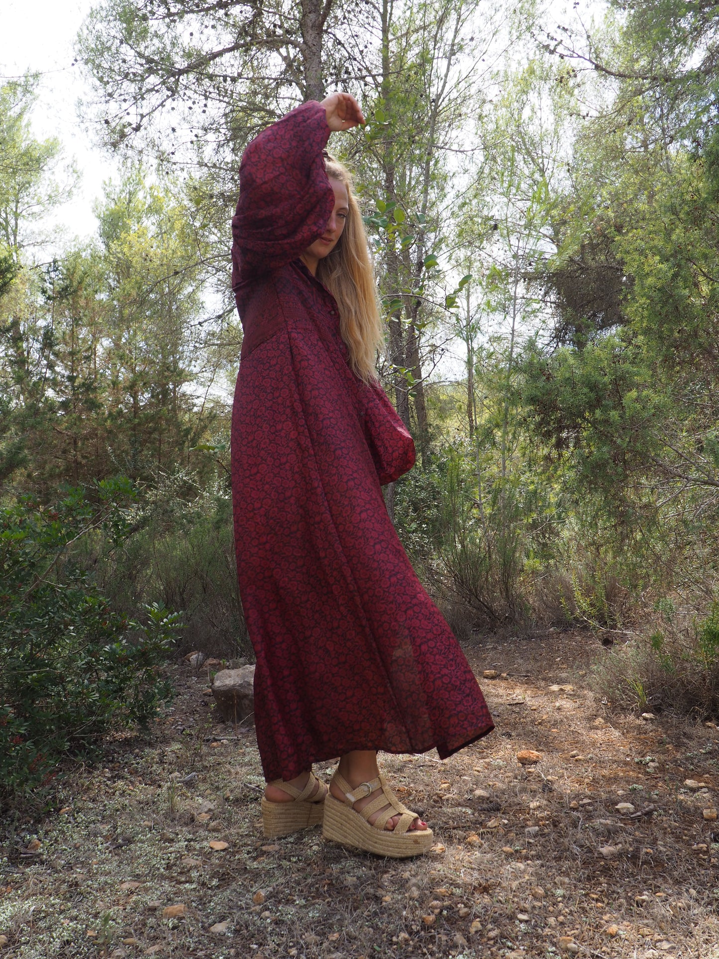 Vintage Indian sari dress with oversized sleeves up-cycled by Vagabond Ibiza