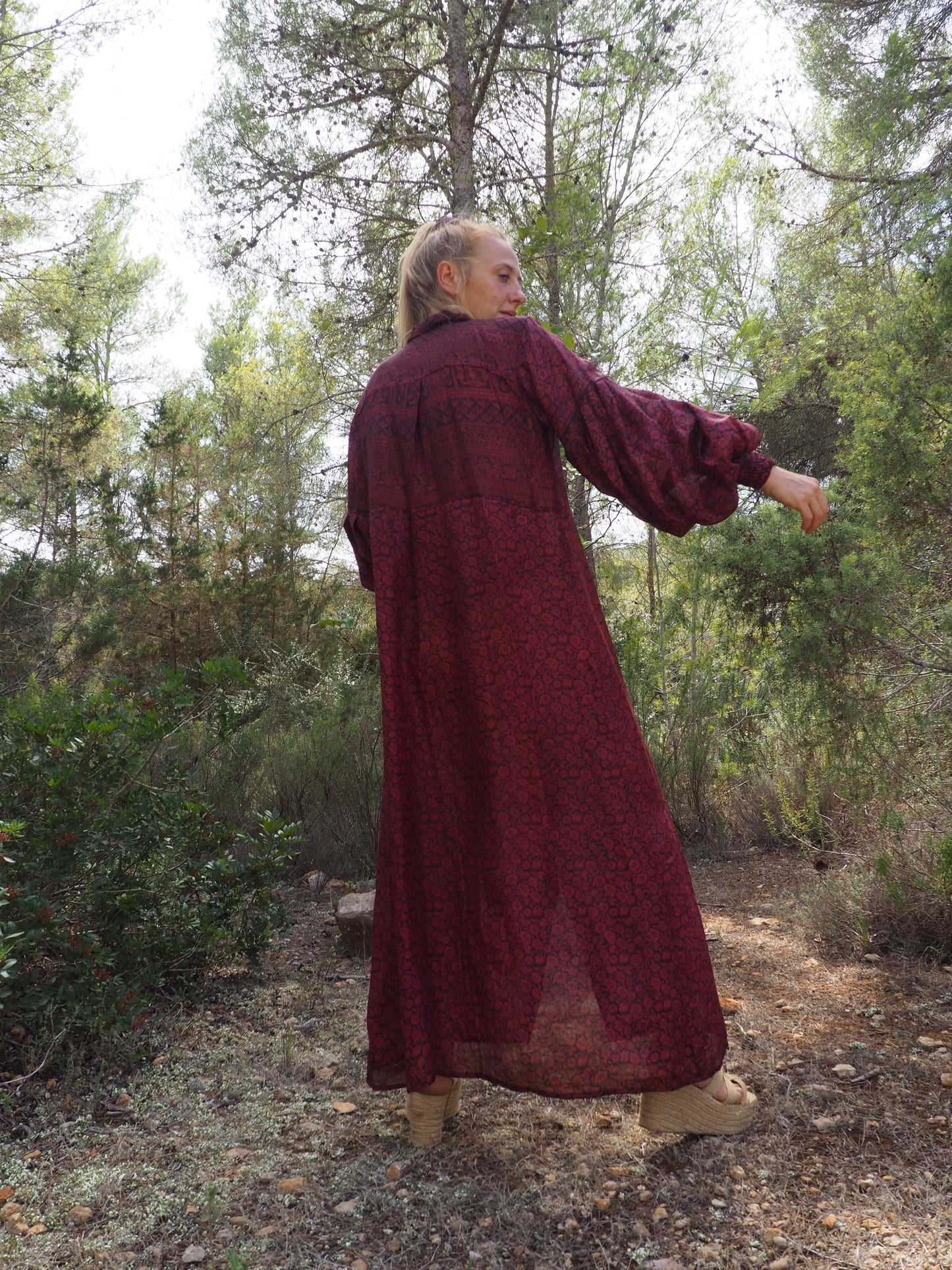 Vintage Indian sari dress with oversized sleeves up-cycled by Vagabond Ibiza