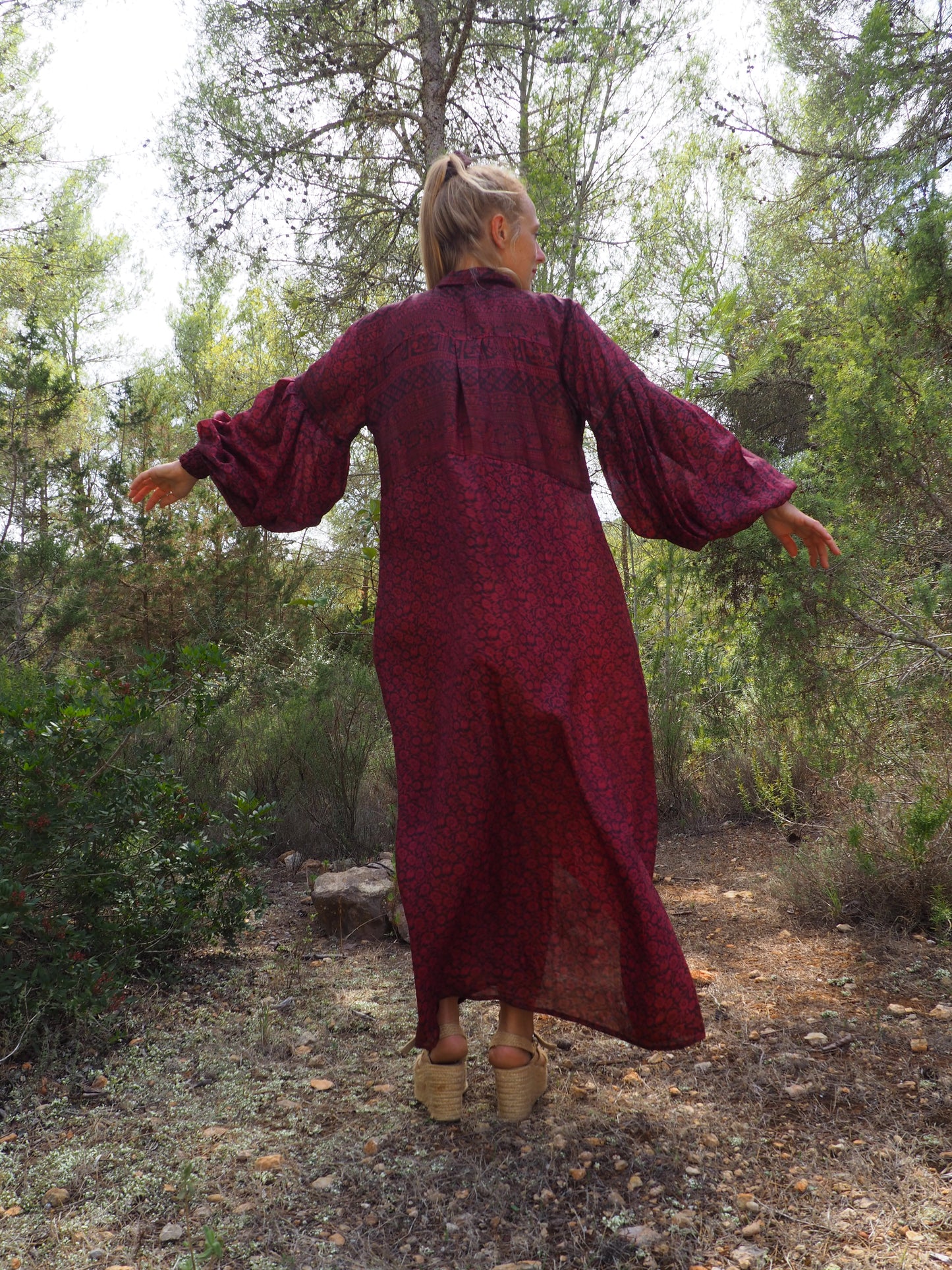 Vintage Indian sari dress with oversized sleeves up-cycled by Vagabond Ibiza