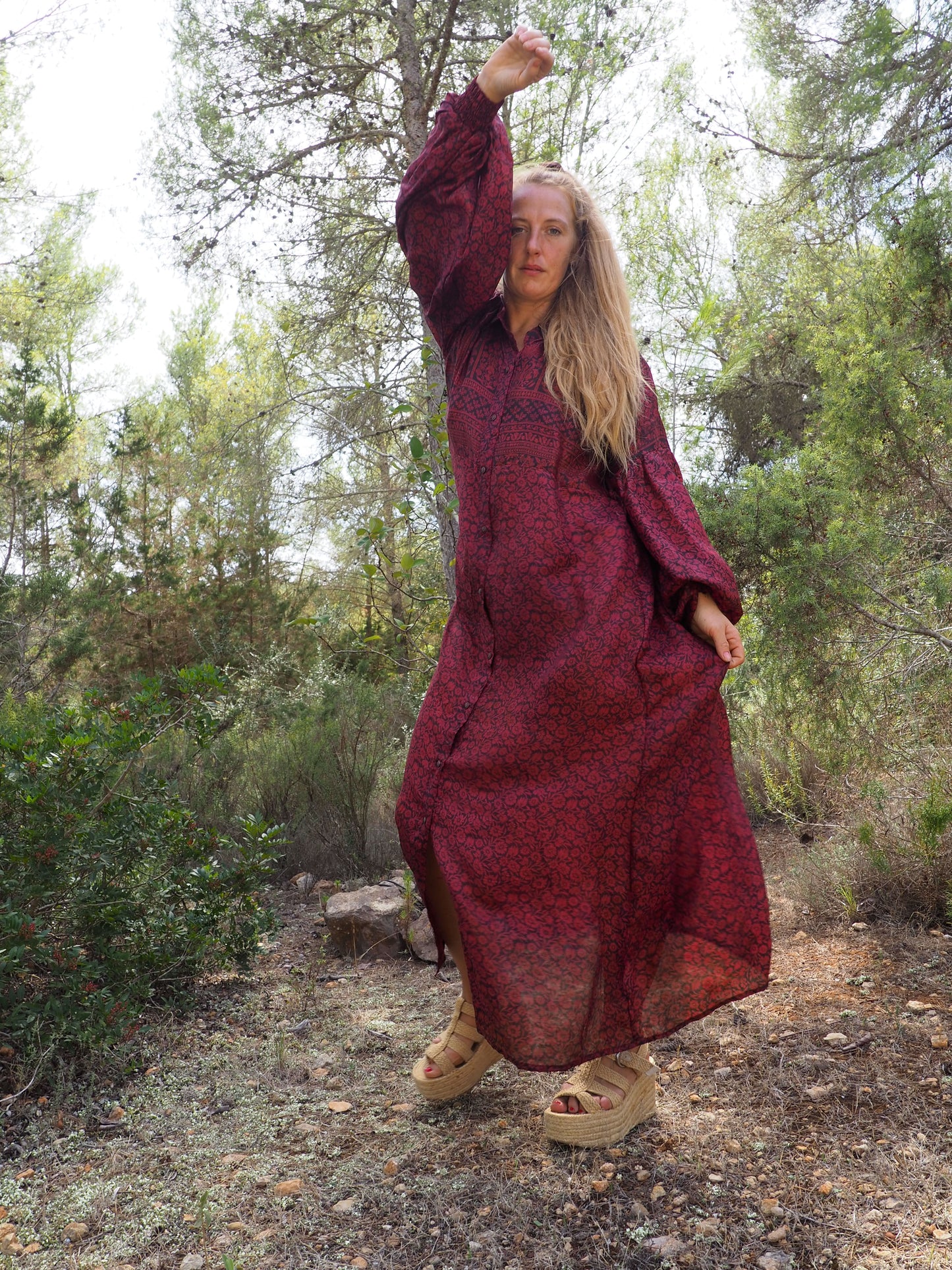 Vintage Indian sari dress with oversized sleeves up-cycled by Vagabond Ibiza