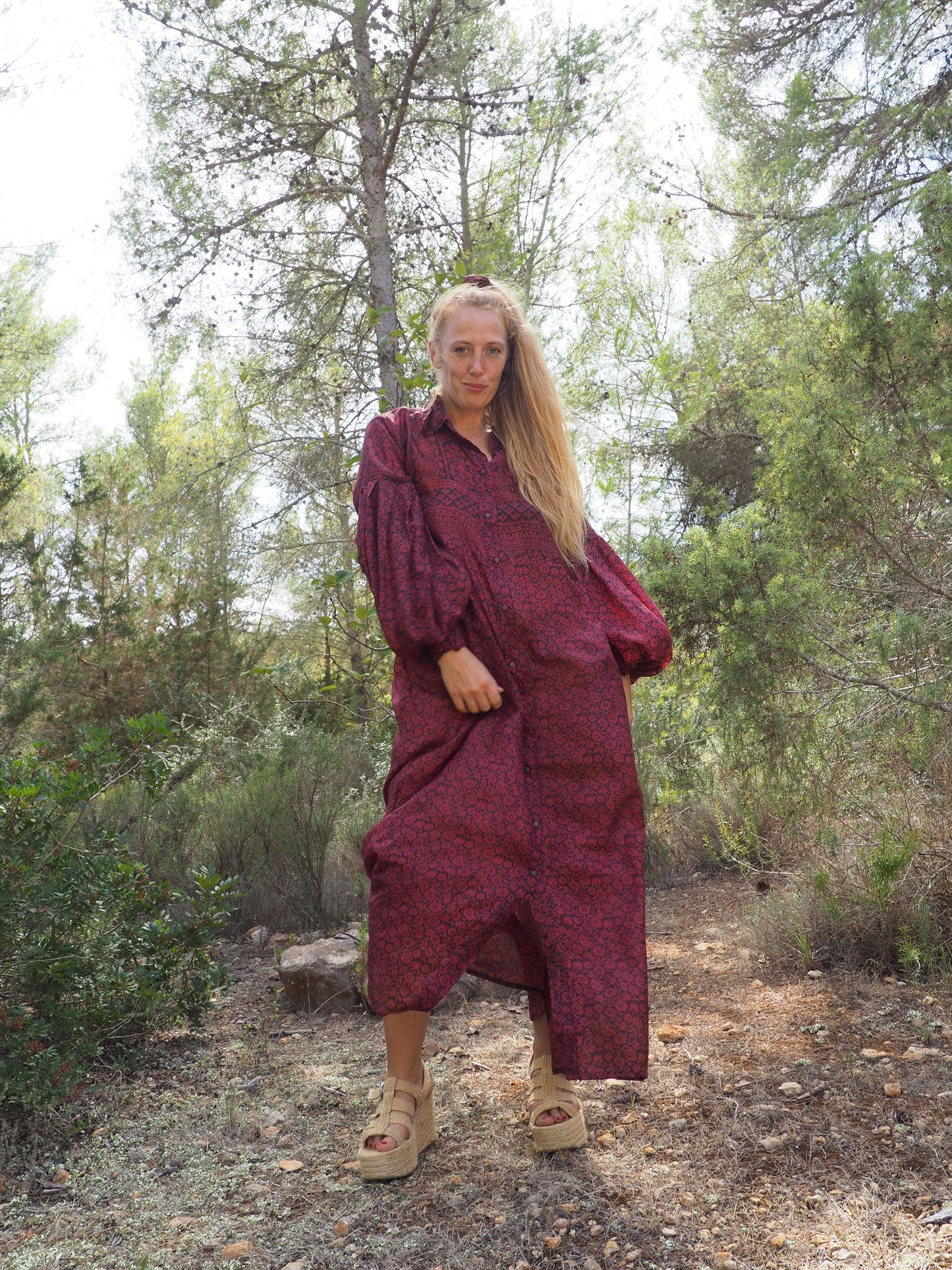 Vintage Indian sari dress with oversized sleeves up-cycled by Vagabond Ibiza