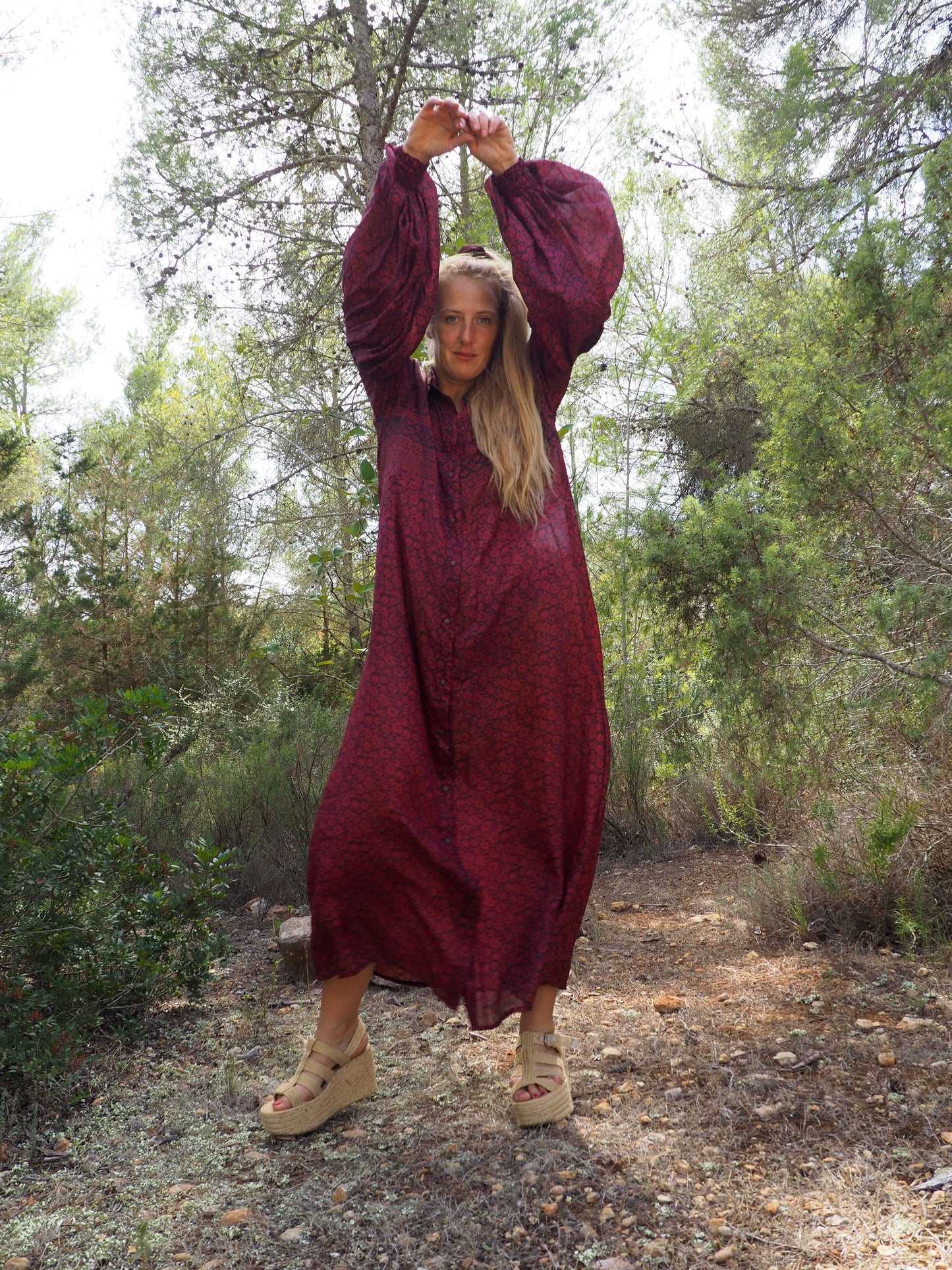 Vintage Indian sari dress with oversized sleeves up-cycled by Vagabond Ibiza