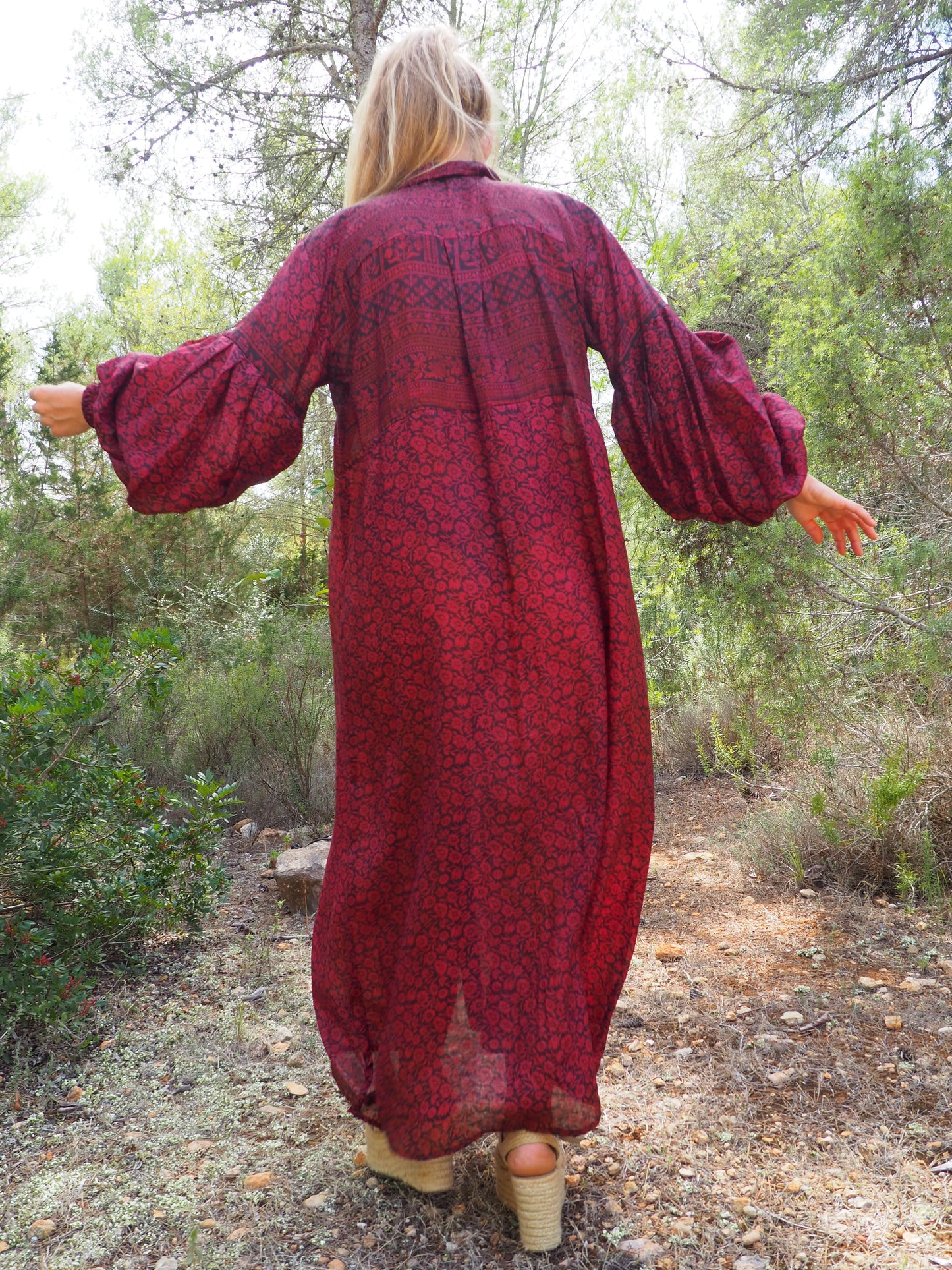 Vintage Indian sari dress with oversized sleeves up-cycled by Vagabond Ibiza