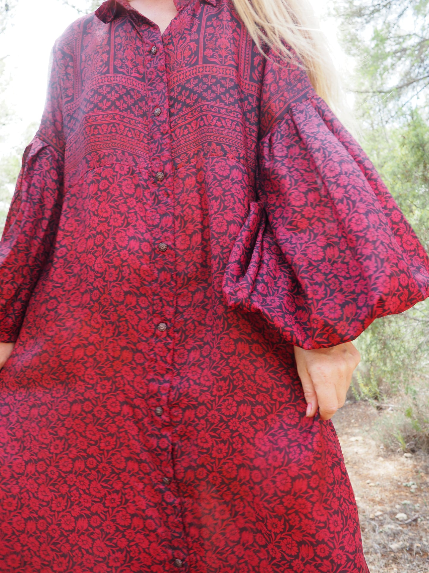 Vintage Indian sari dress with oversized sleeves up-cycled by Vagabond Ibiza