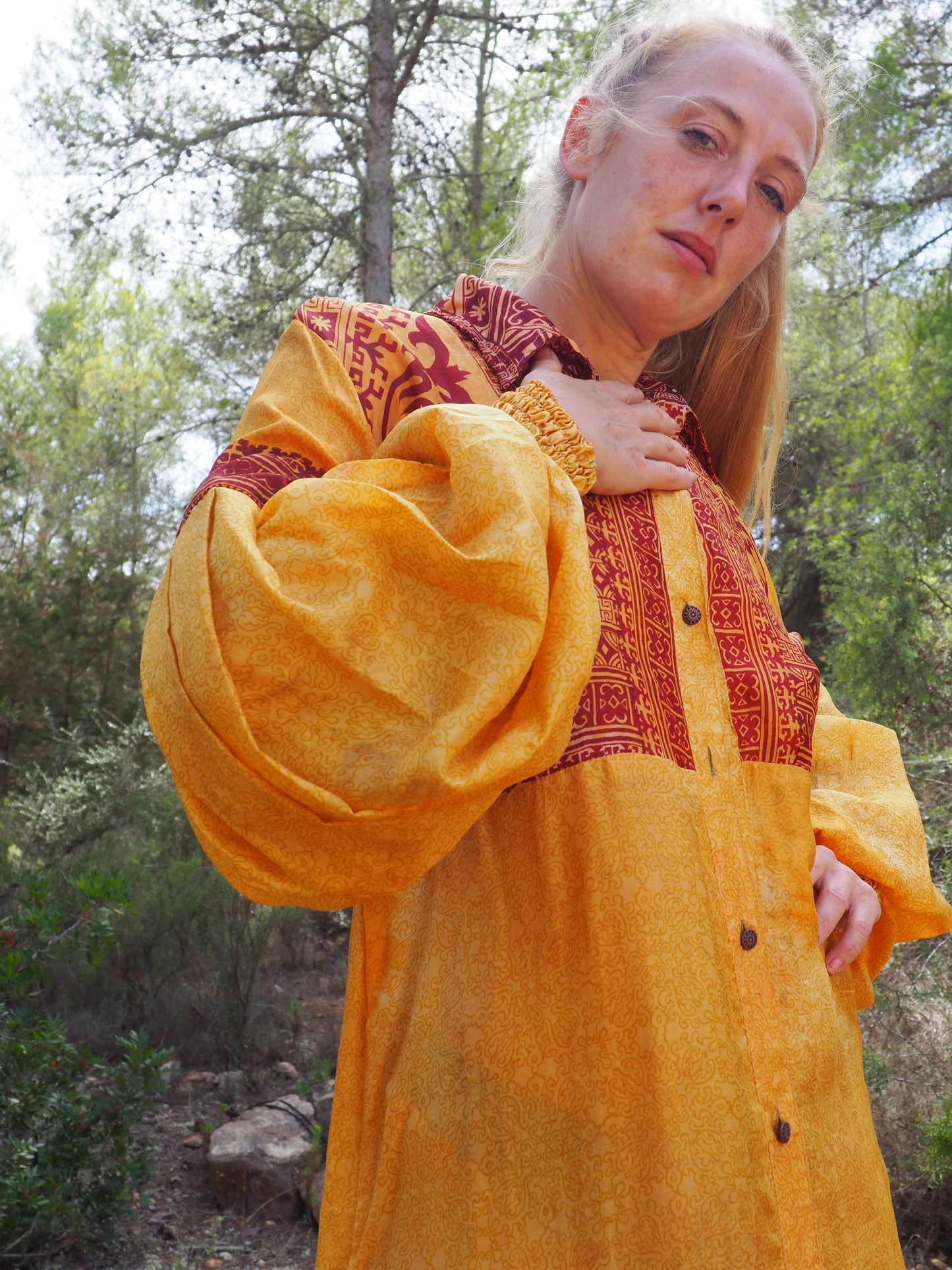 Vintage Indian sari dress with oversized sleeves up-cycled by Vagabond Ibiza