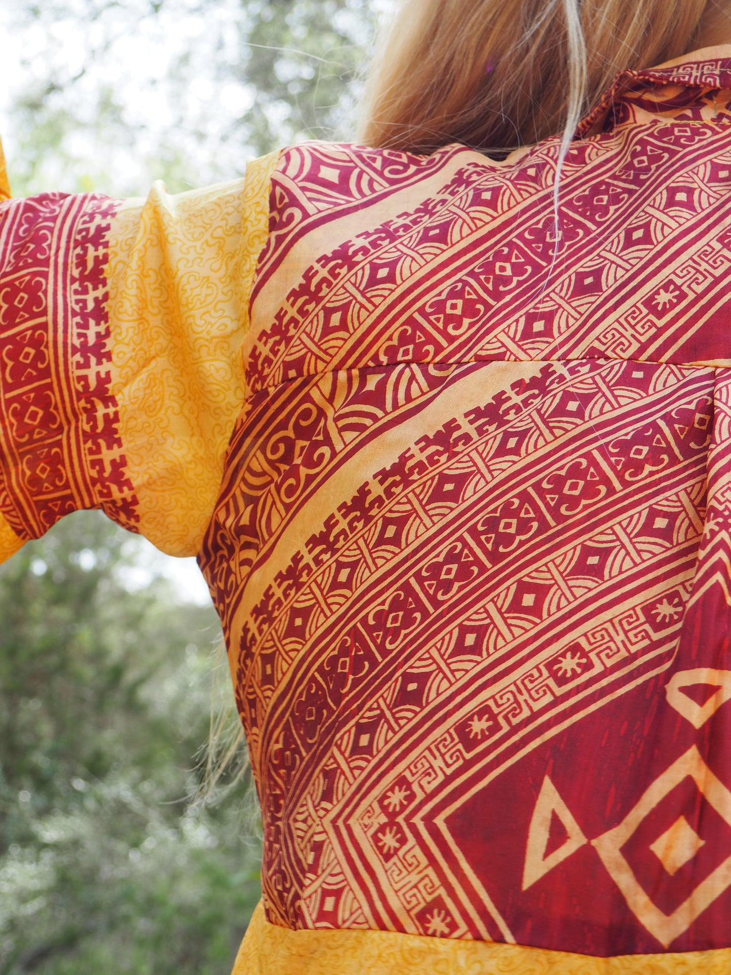 Vintage Indian sari dress with oversized sleeves up-cycled by Vagabond Ibiza