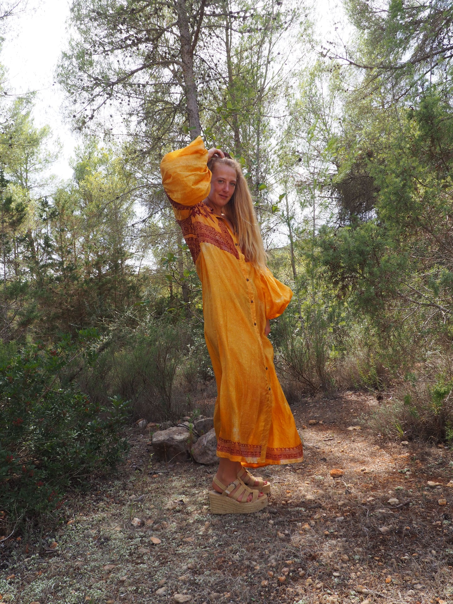 Vintage Indian sari dress with oversized sleeves up-cycled by Vagabond Ibiza