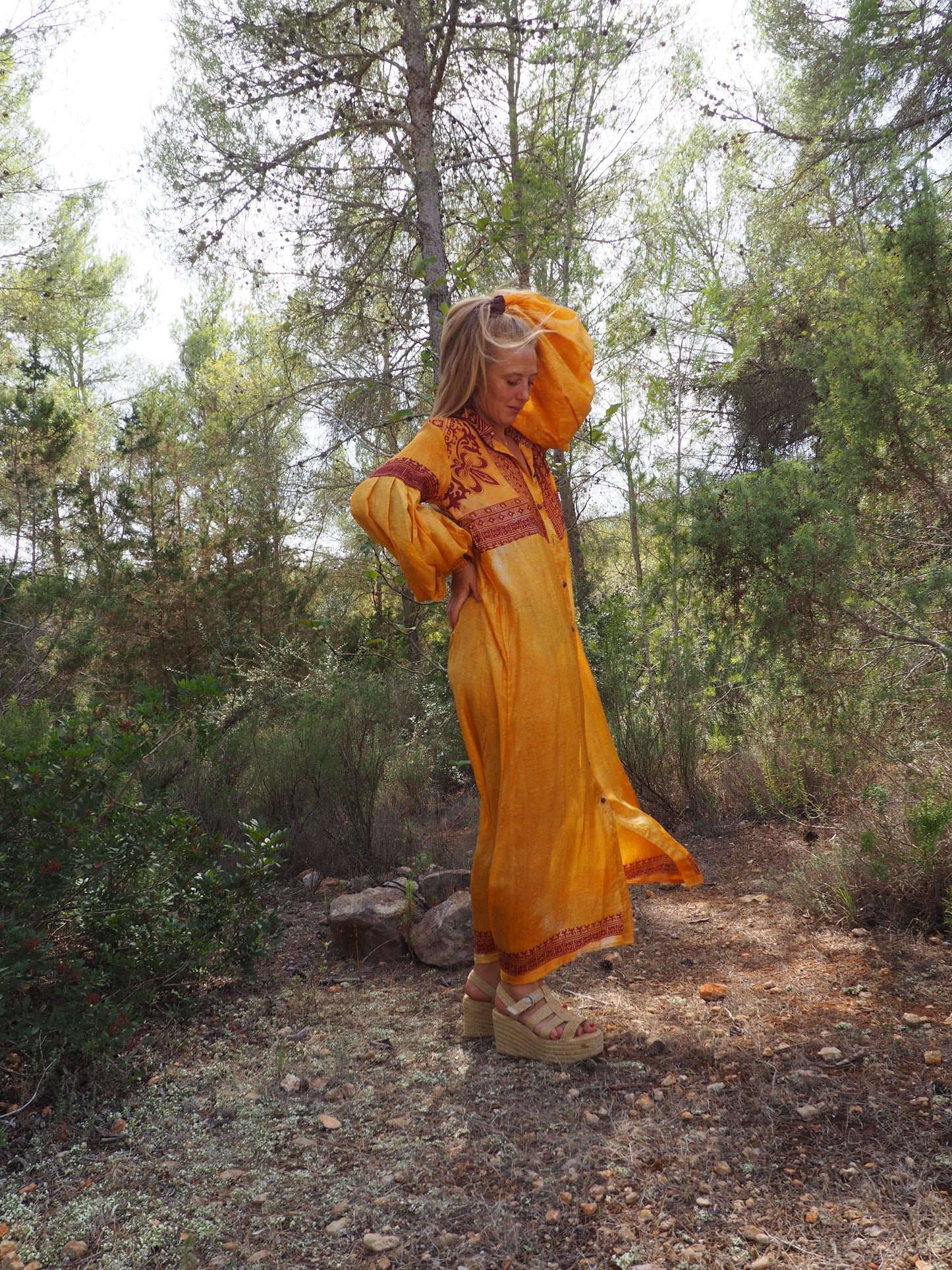 Vintage Indian sari dress with oversized sleeves up-cycled by Vagabond Ibiza