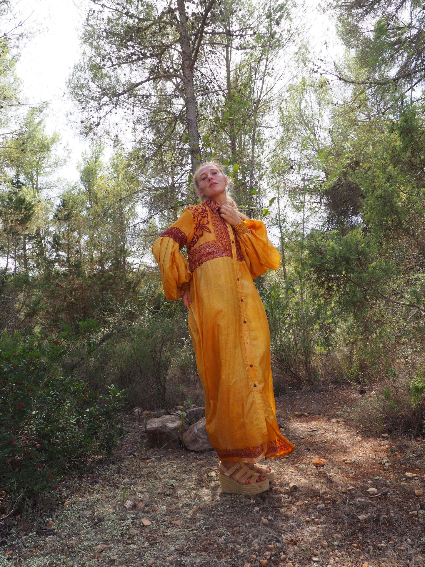 Vintage Indian sari dress with oversized sleeves up-cycled by Vagabond Ibiza