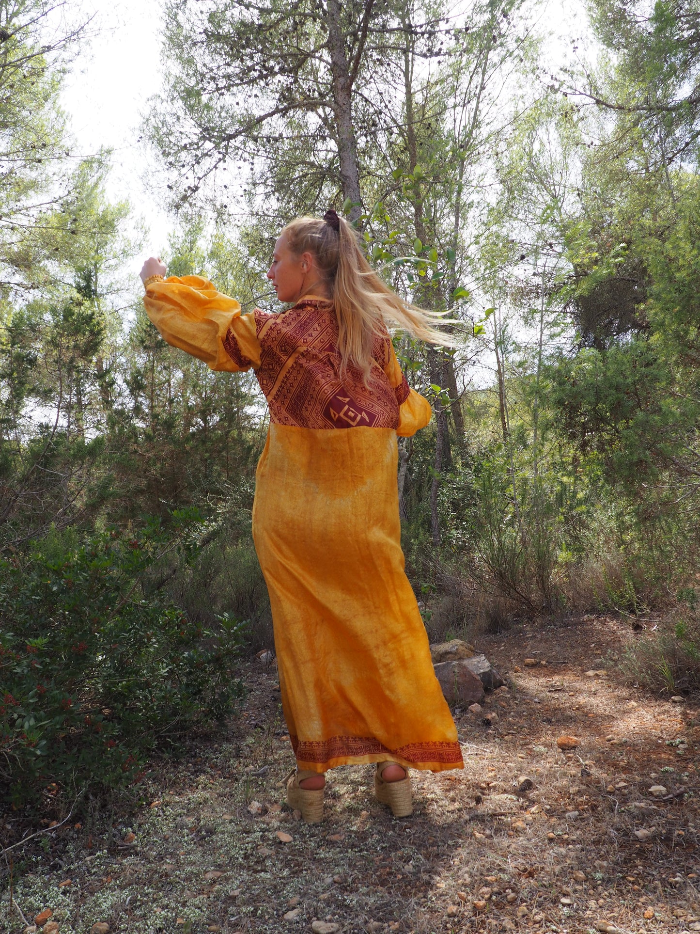 Vintage Indian sari dress with oversized sleeves up-cycled by Vagabond Ibiza