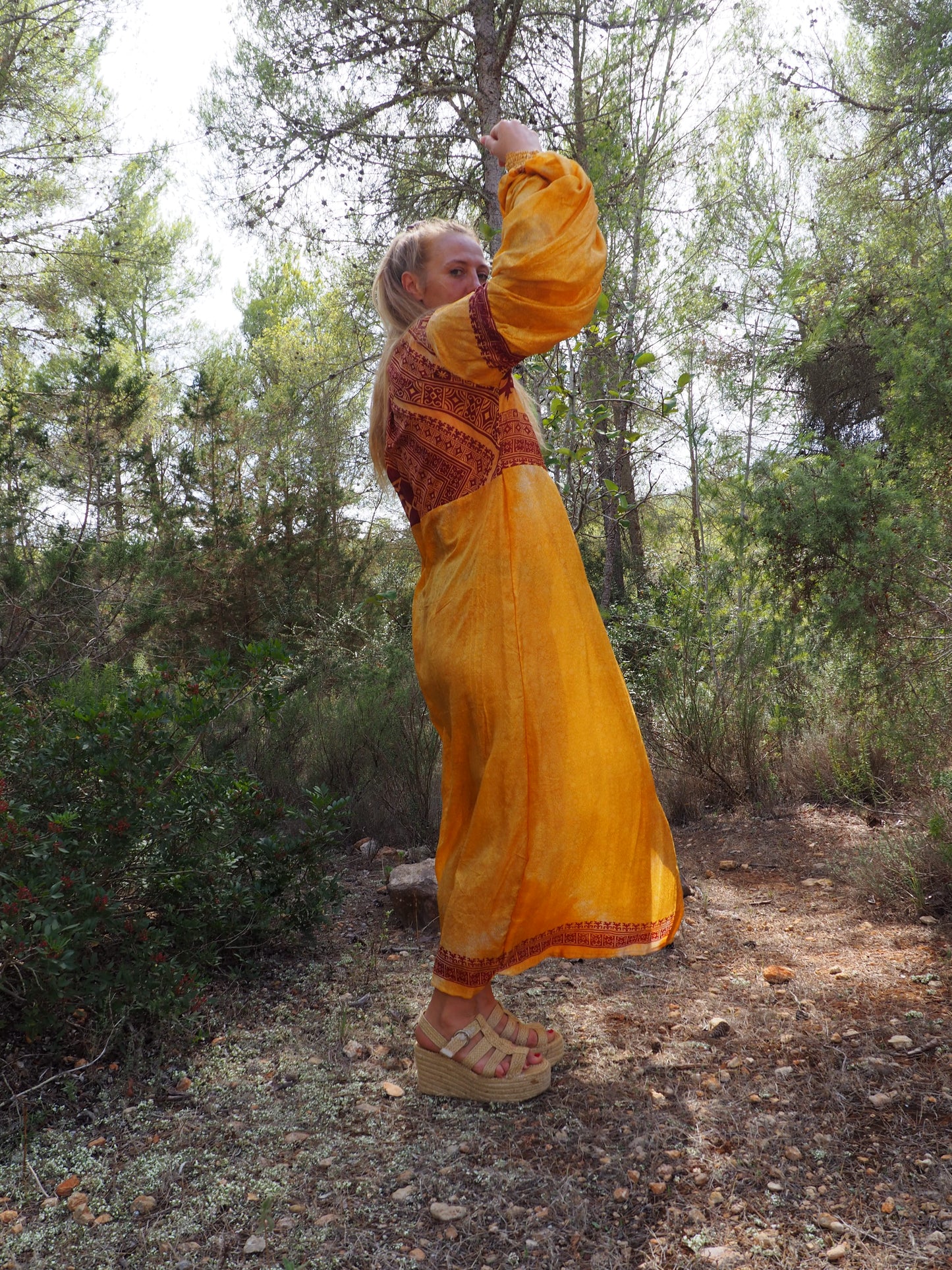 Vintage Indian sari dress with oversized sleeves up-cycled by Vagabond Ibiza