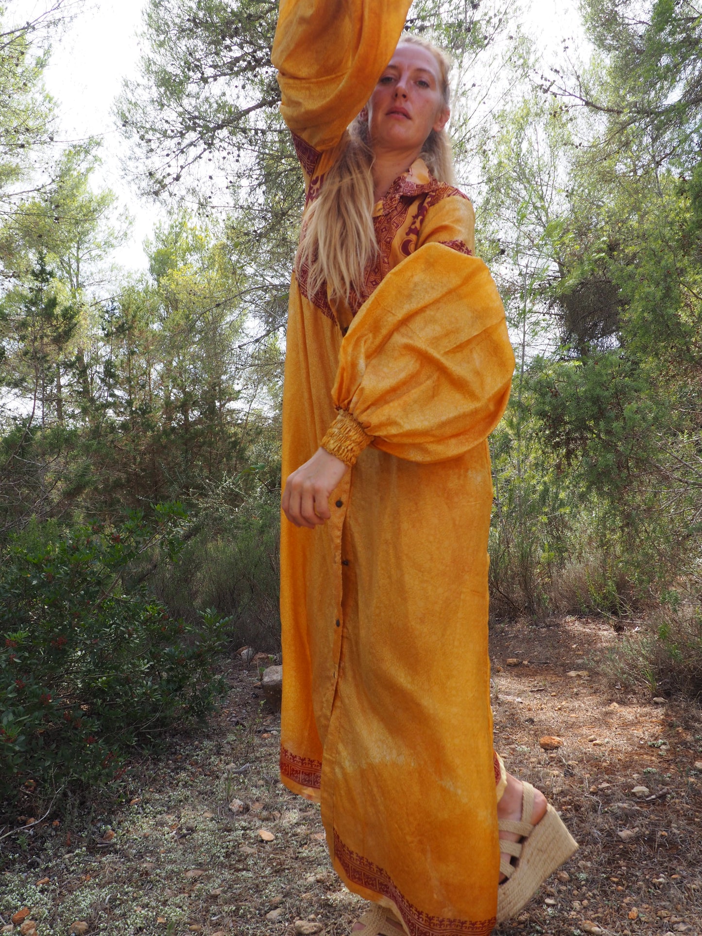 Vintage Indian sari dress with oversized sleeves up-cycled by Vagabond Ibiza