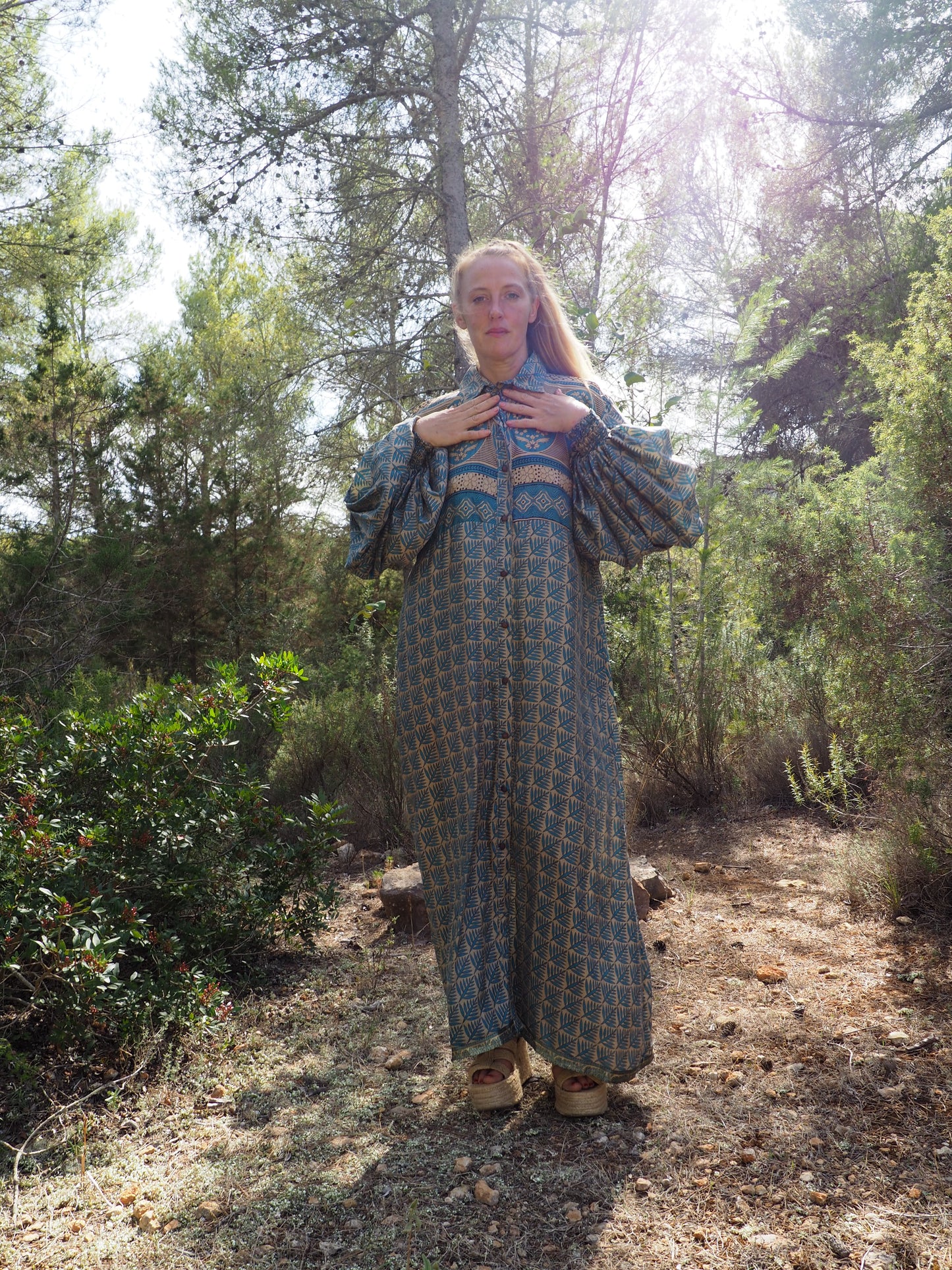 Vintage Indian sari dress with oversized sleeves up-cycled by Vagabond Ibiza