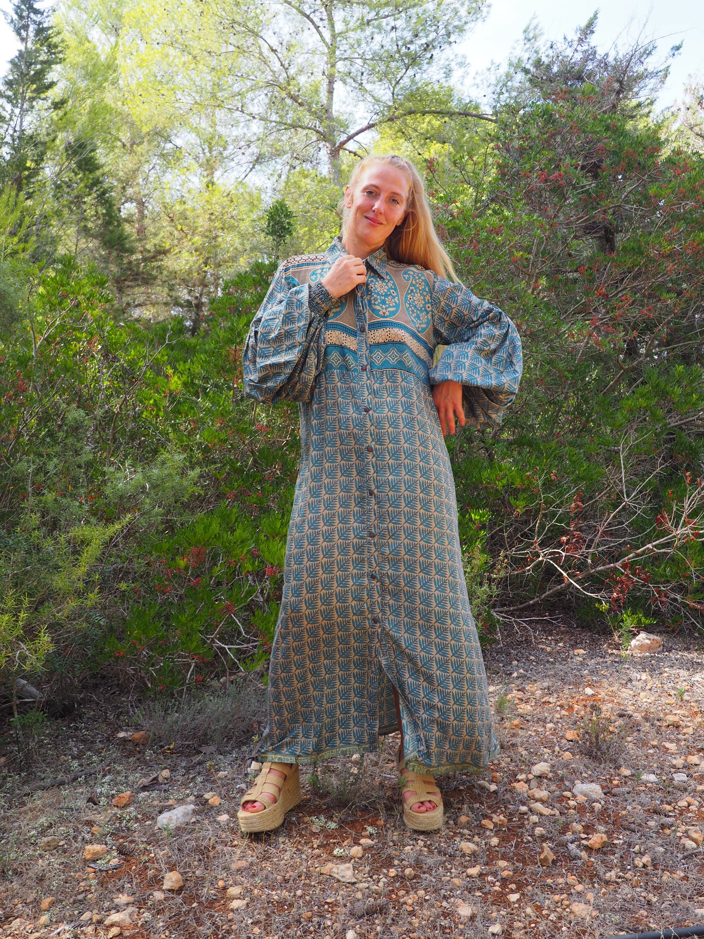 Vintage Indian sari dress with oversized sleeves up-cycled by Vagabond Ibiza