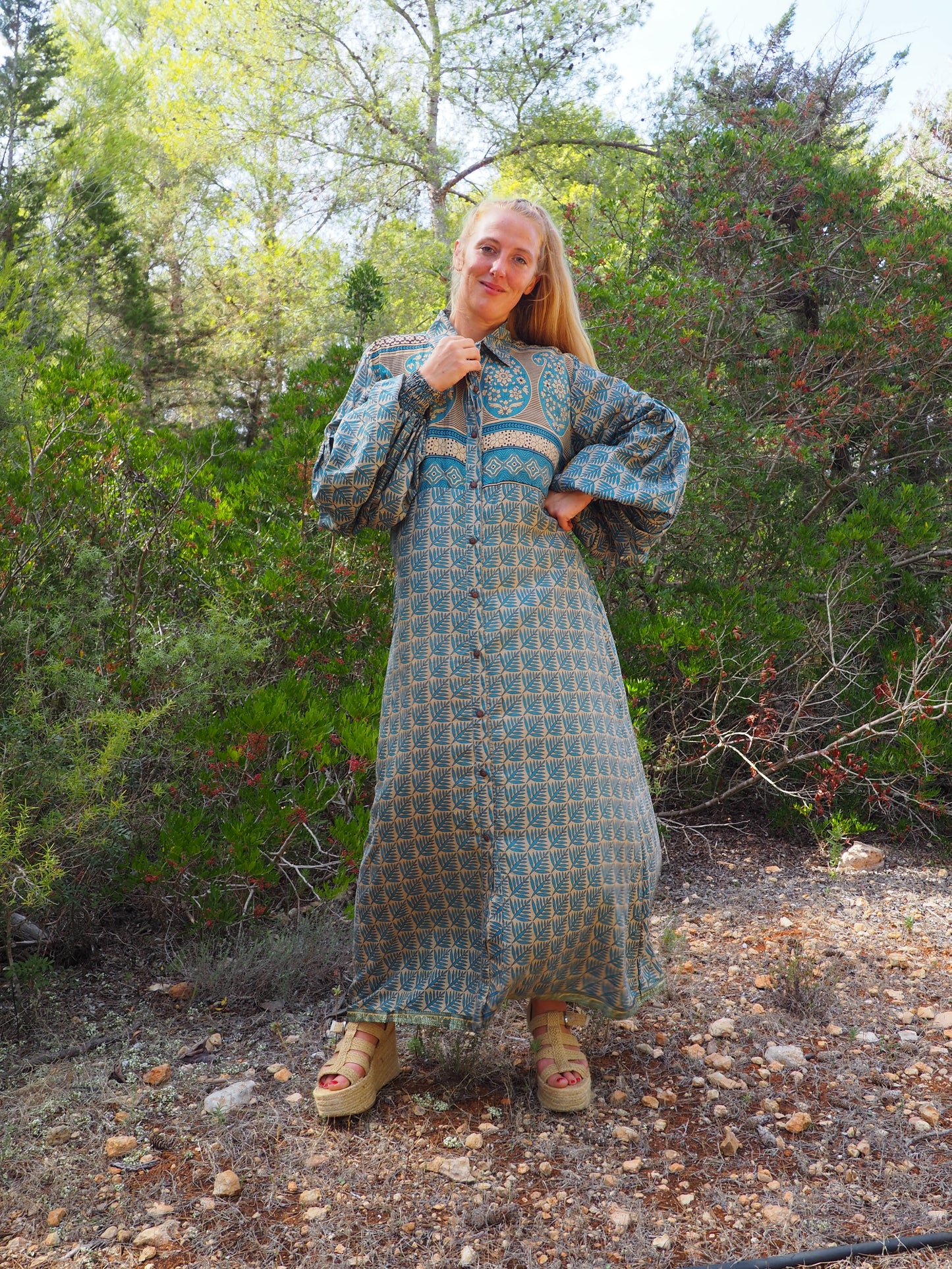 Vintage Indian sari dress with oversized sleeves up-cycled by Vagabond Ibiza