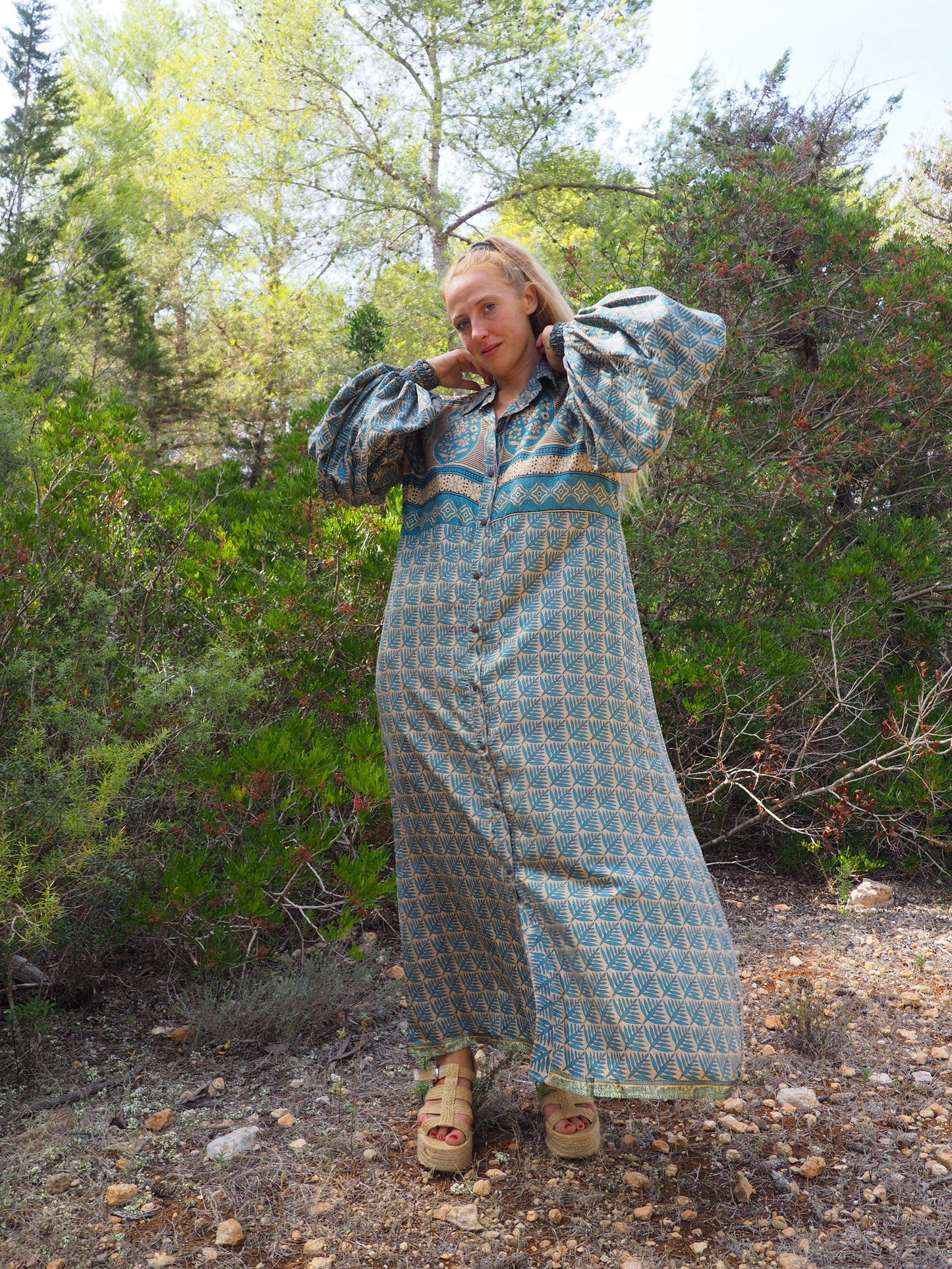 Vintage Indian sari dress with oversized sleeves up-cycled by Vagabond Ibiza