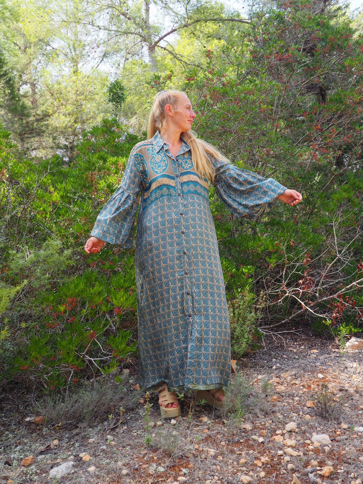 Vintage Indian sari dress with oversized sleeves up-cycled by Vagabond Ibiza