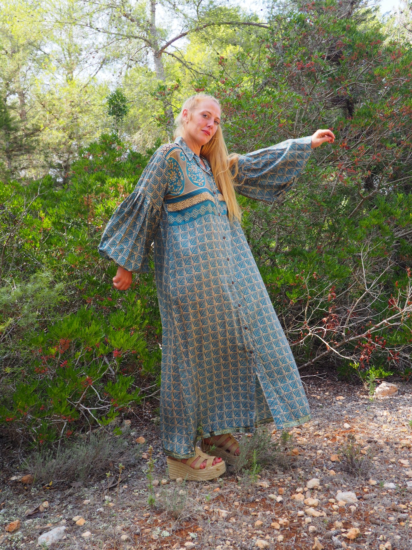 Vintage Indian sari dress with oversized sleeves up-cycled by Vagabond Ibiza