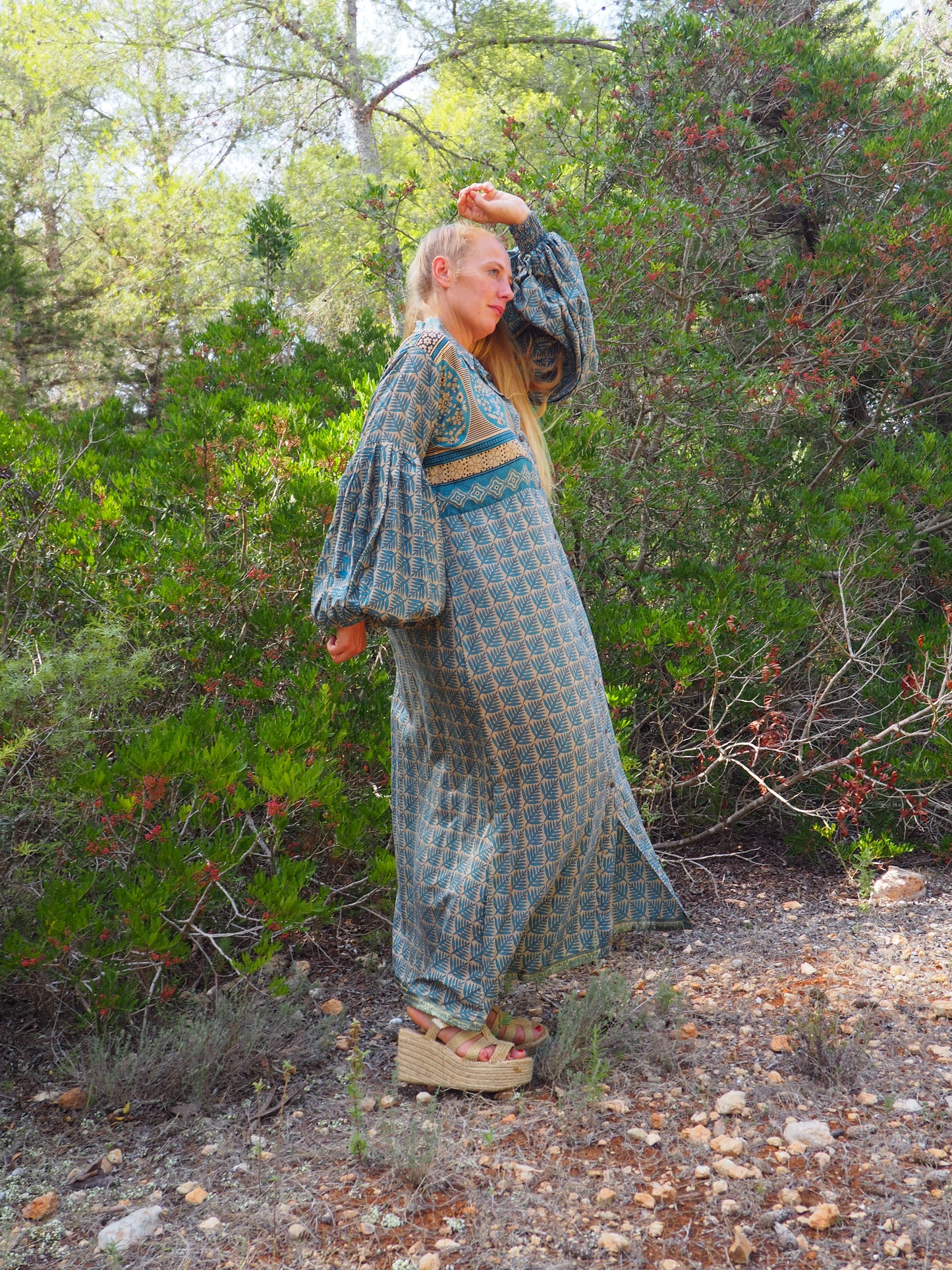 Vintage Indian sari dress with oversized sleeves up-cycled by Vagabond Ibiza