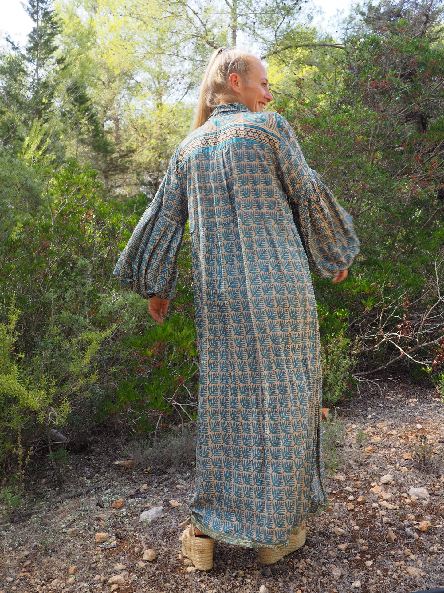 Vintage Indian sari dress with oversized sleeves up-cycled by Vagabond Ibiza