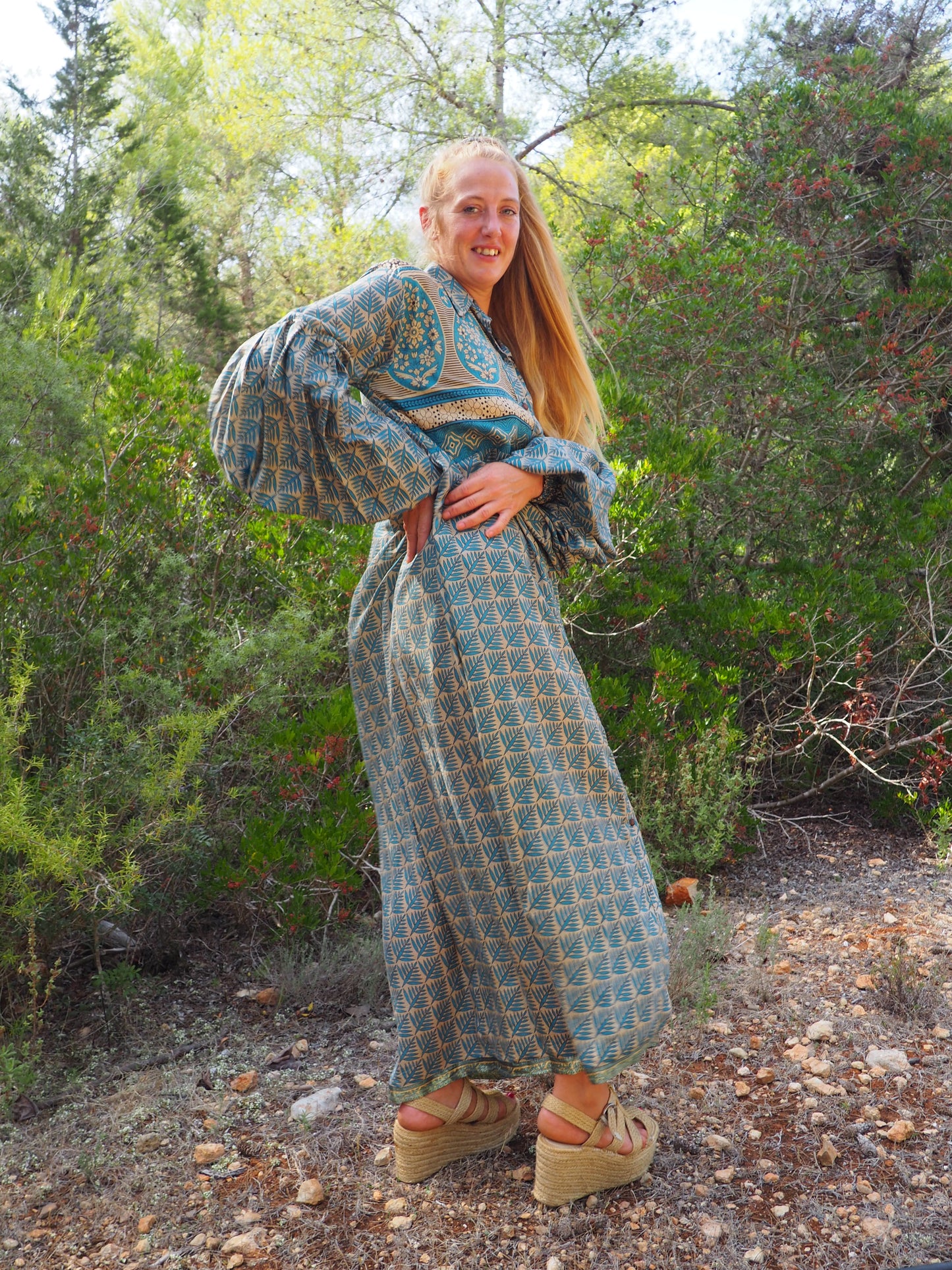 Vintage Indian sari dress with oversized sleeves up-cycled by Vagabond Ibiza