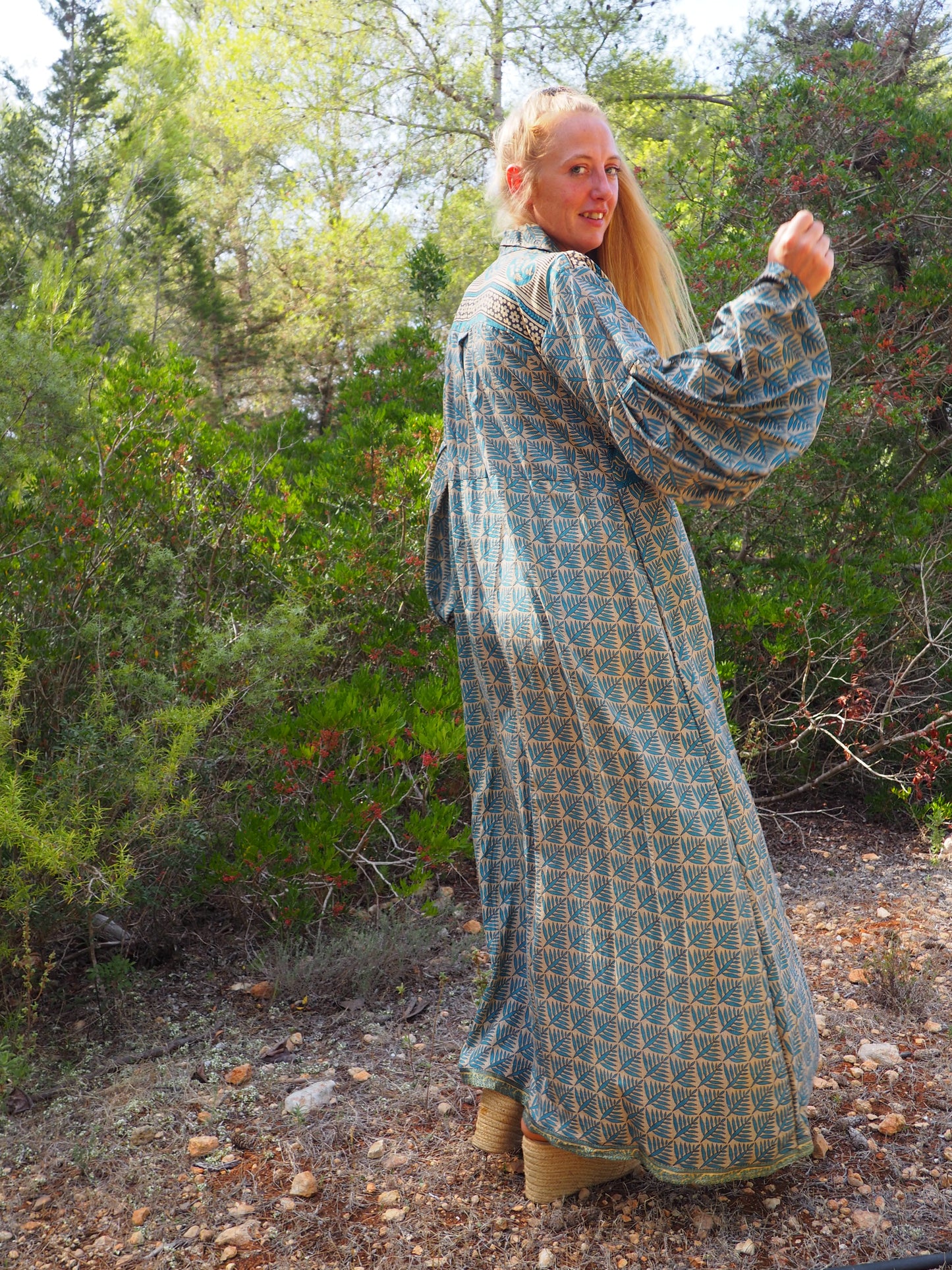 Vintage Indian sari dress with oversized sleeves up-cycled by Vagabond Ibiza