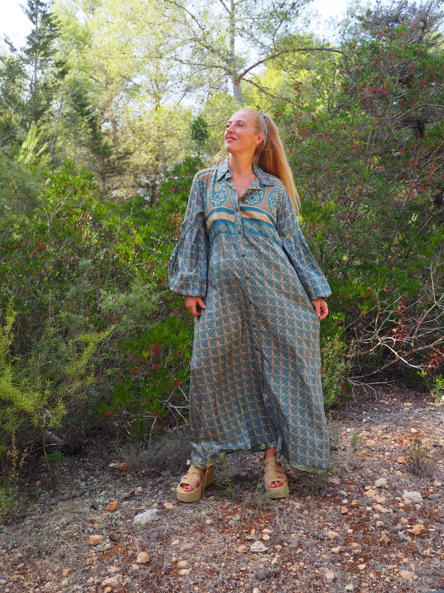 Vintage Indian sari dress with oversized sleeves up-cycled by Vagabond Ibiza