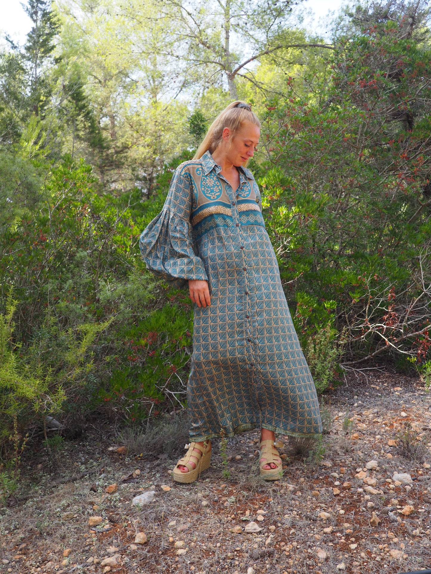 Vintage Indian sari dress with oversized sleeves up-cycled by Vagabond Ibiza