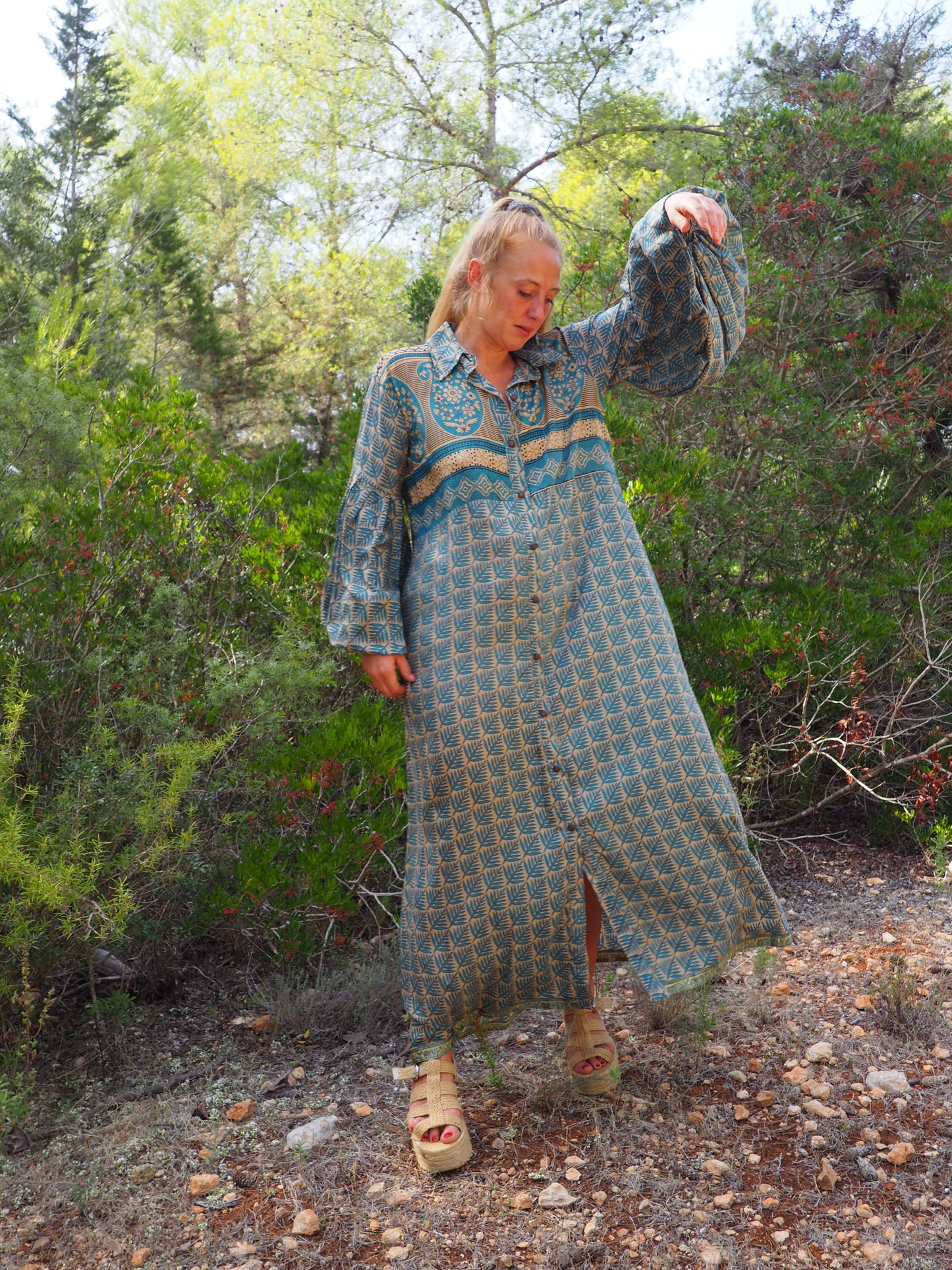 Vintage Indian sari dress with oversized sleeves up-cycled by Vagabond Ibiza