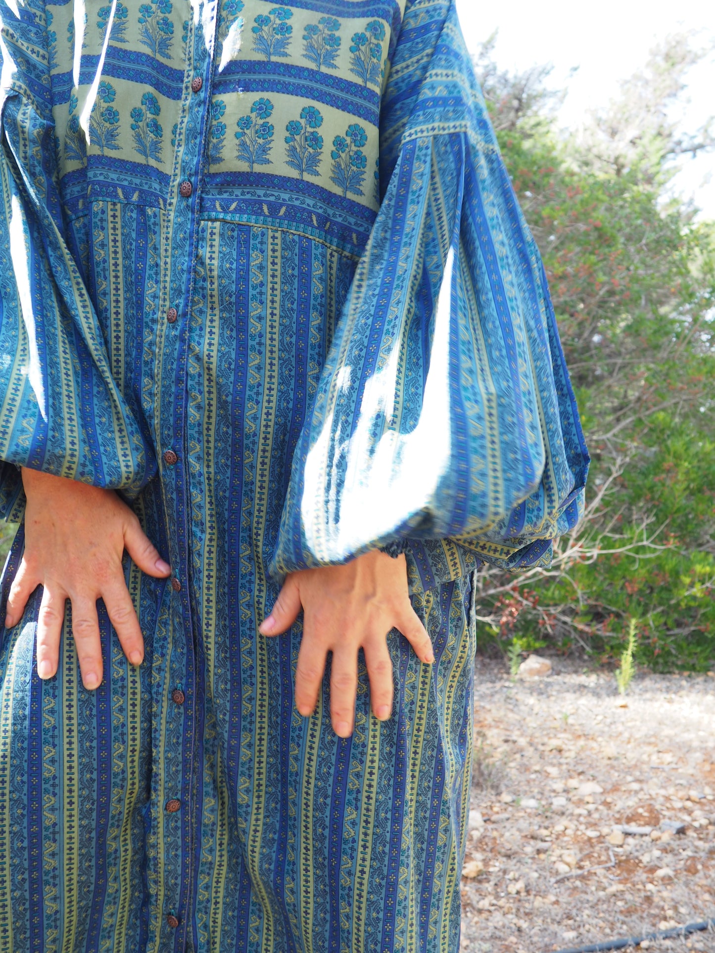 Vintage Indian sari dress with oversized sleeves up-cycled by Vagabond Ibiza