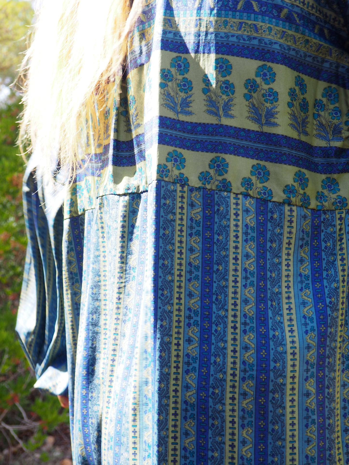 Vintage Indian sari dress with oversized sleeves up-cycled by Vagabond Ibiza