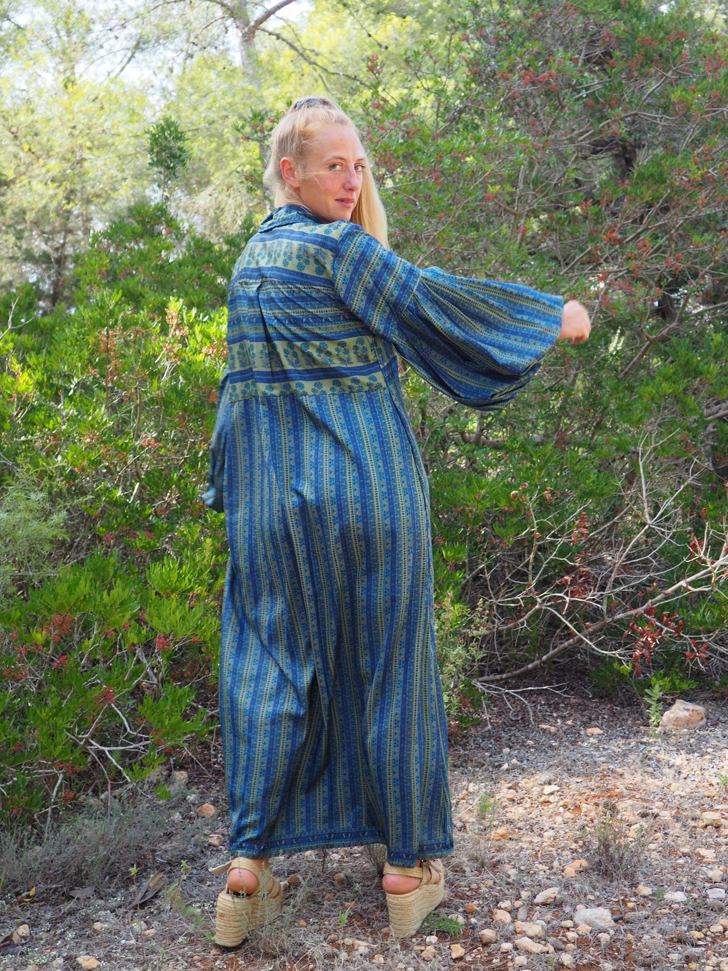 Vintage Indian sari dress with oversized sleeves up-cycled by Vagabond Ibiza