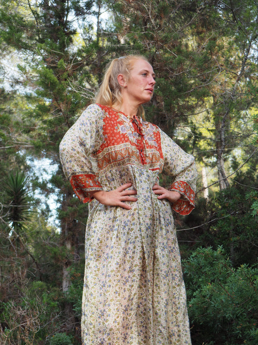 Vintage Indian sari dress cream with blue and orange floral print up-cycled by Vagabond Ibiza