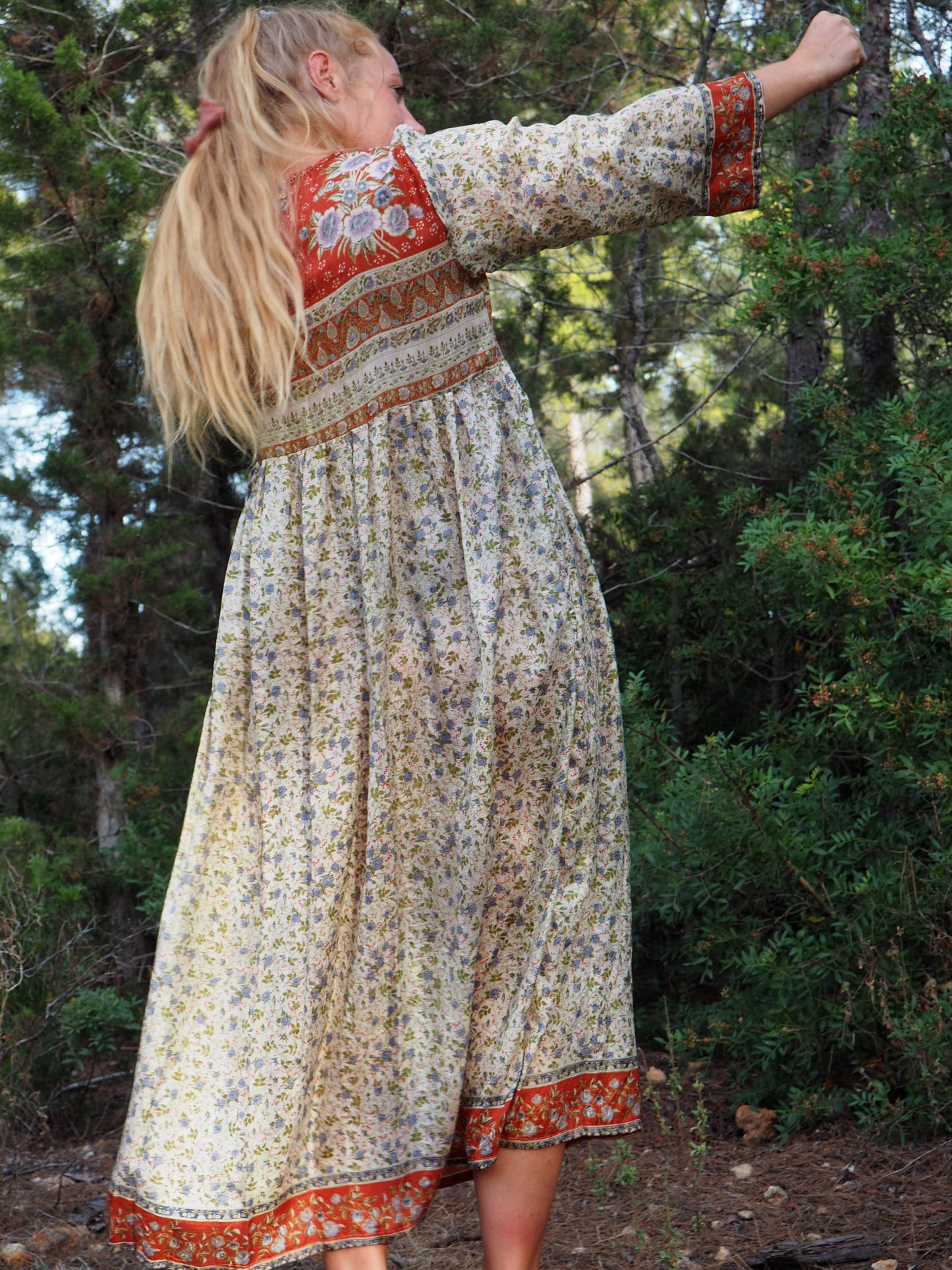 Vintage Indian sari dress cream with blue and orange floral print up-cycled by Vagabond Ibiza