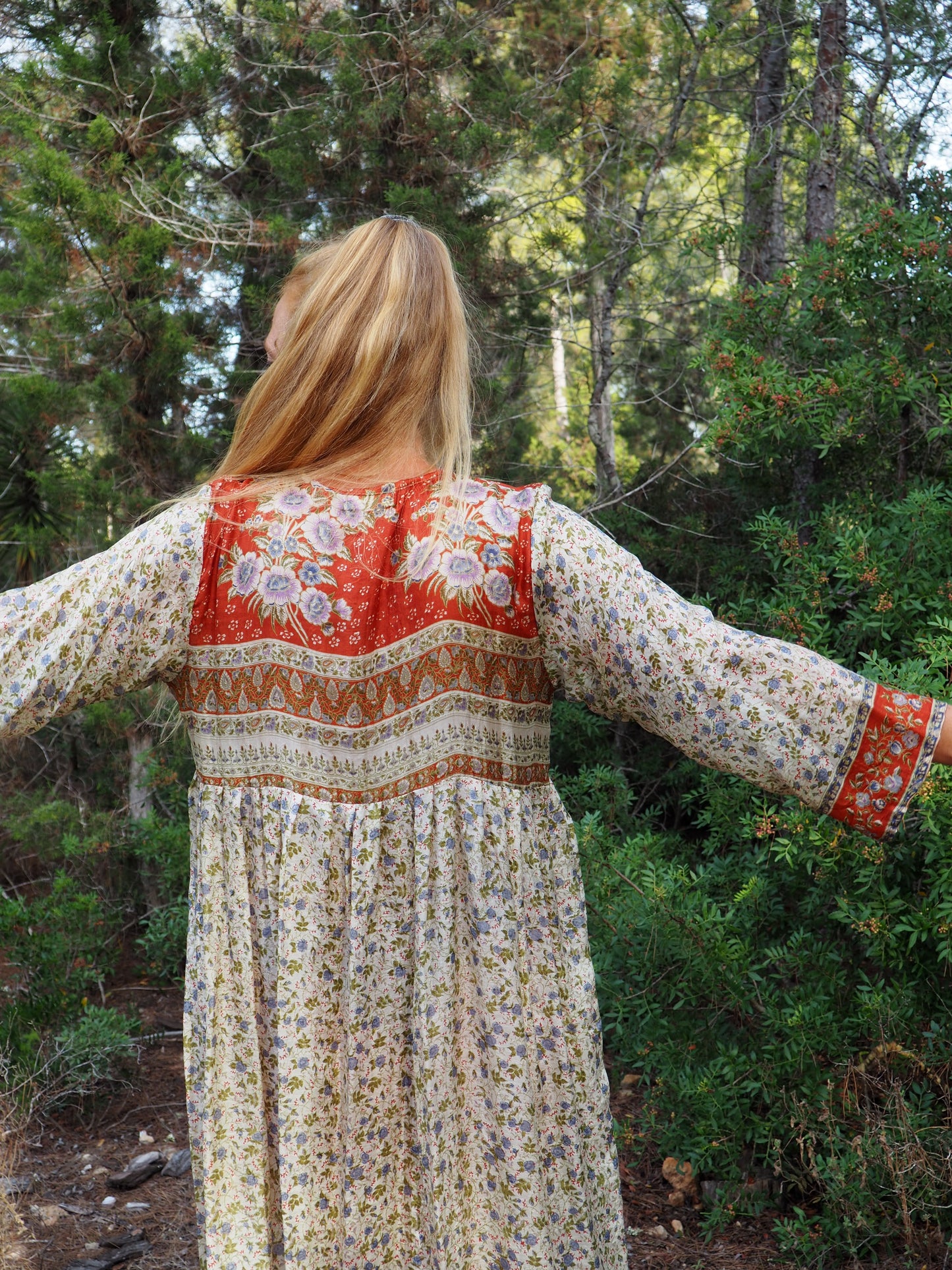 Vintage Indian sari dress cream with blue and orange floral print up-cycled by Vagabond Ibiza