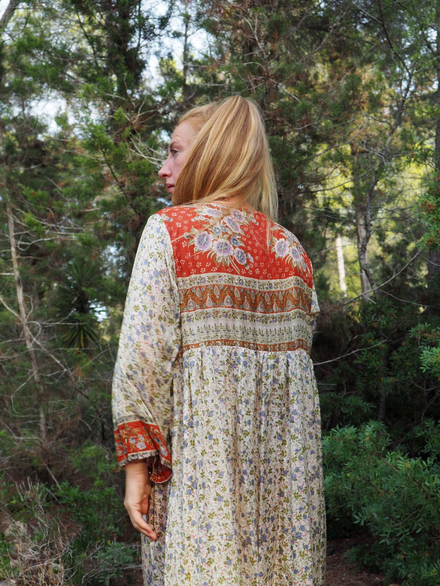 Vintage Indian sari dress cream with blue and orange floral print up-cycled by Vagabond Ibiza