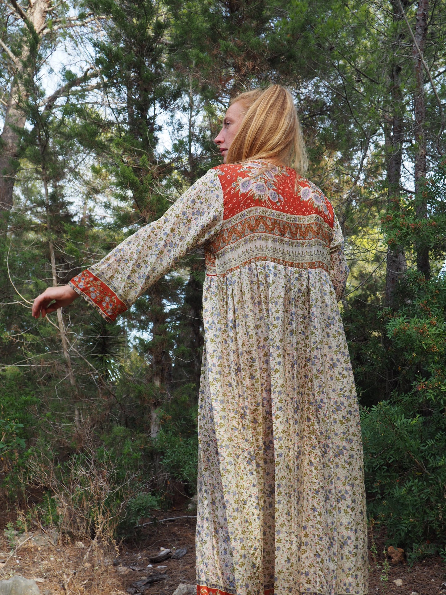 Vintage Indian sari dress cream with blue and orange floral print up-cycled by Vagabond Ibiza