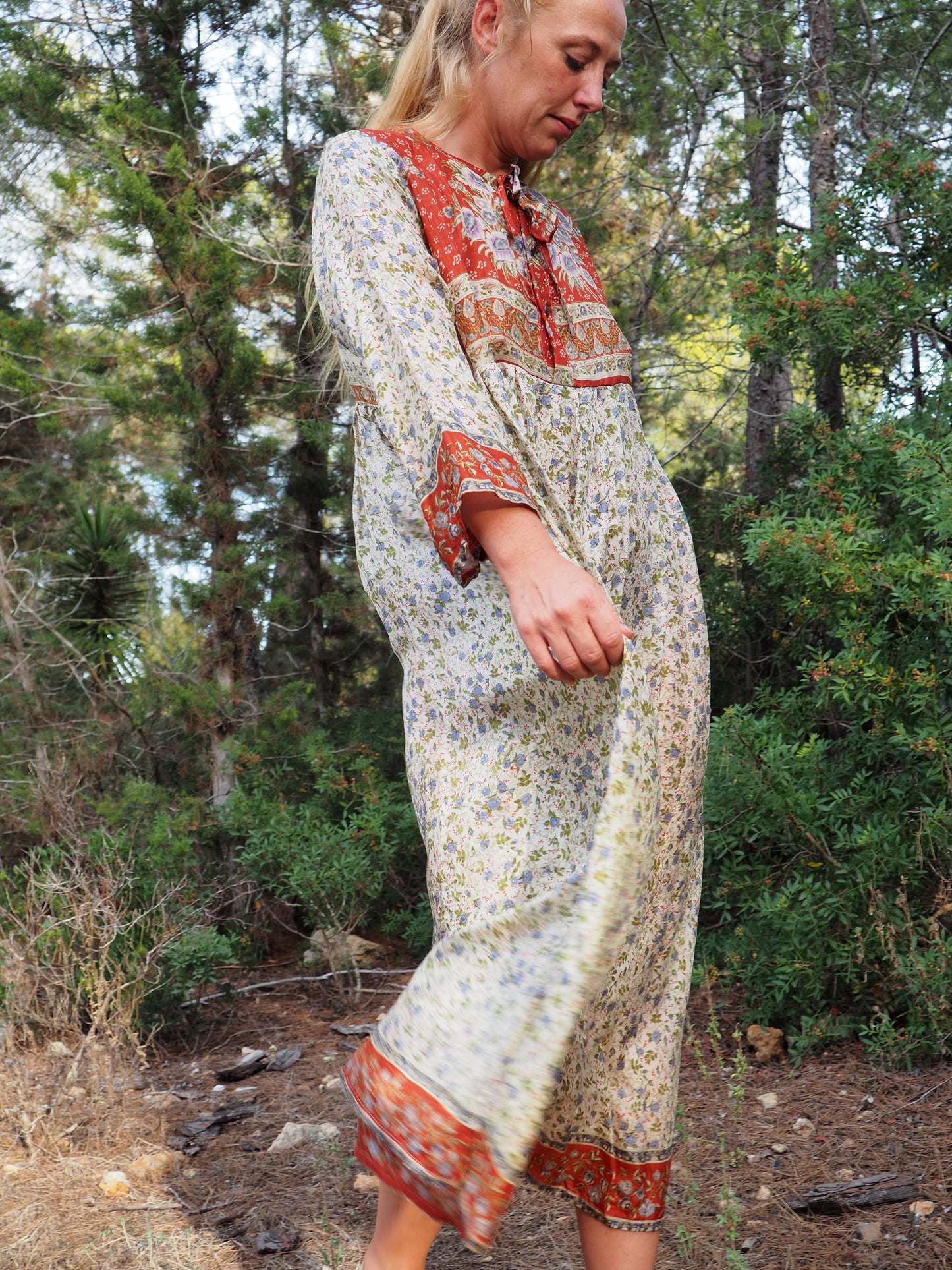 Vintage Indian sari dress cream with blue and orange floral print up-cycled by Vagabond Ibiza