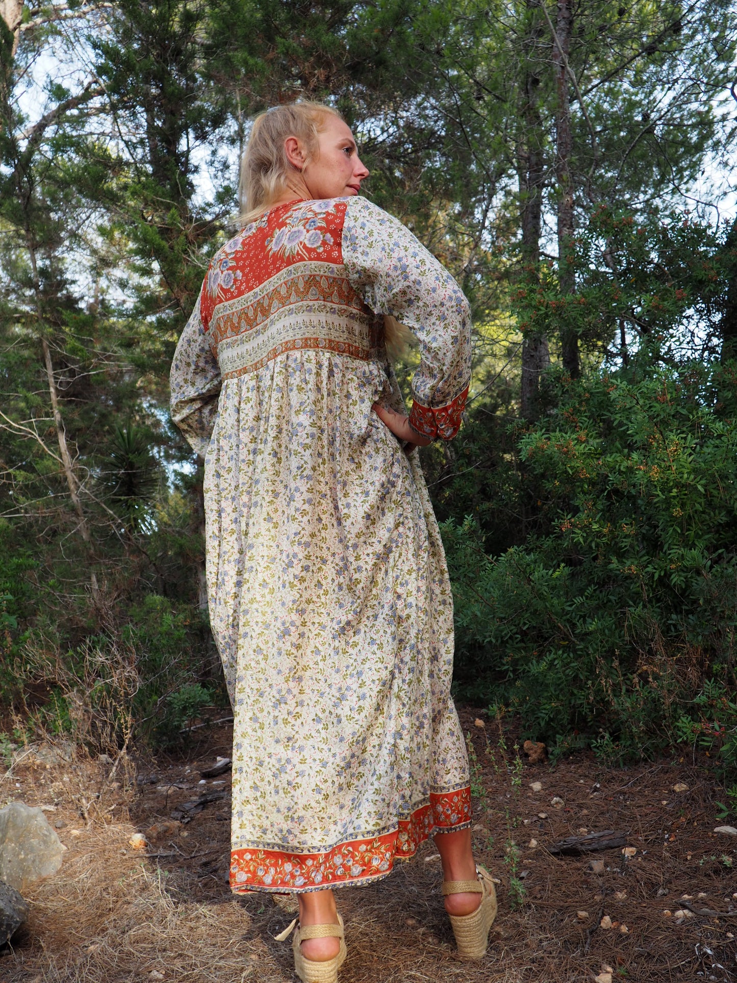 Vintage Indian sari dress cream with blue and orange floral print up-cycled by Vagabond Ibiza