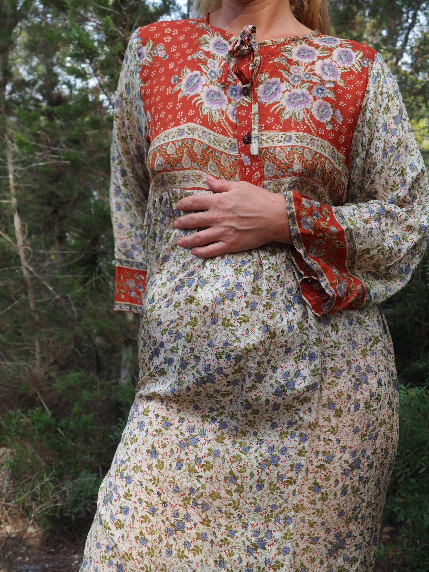 Vintage Indian sari dress cream with blue and orange floral print up-cycled by Vagabond Ibiza